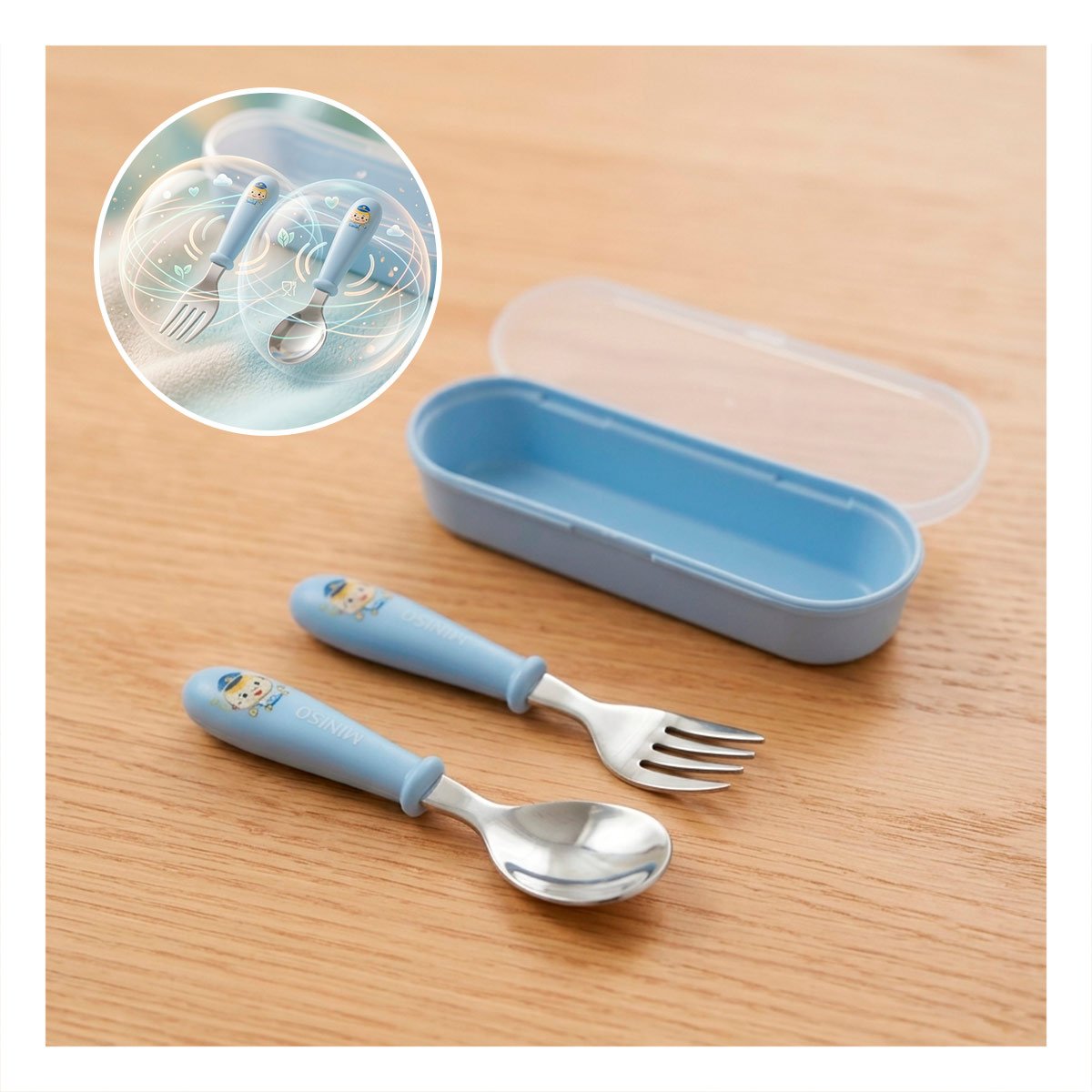 PACK2 CONJUNTO INFANTIL CHANCHO CON ESTUCHE PLASTICO CUCHARA Y TENEDOR CELESTE Y+REGALO STICKER - 5