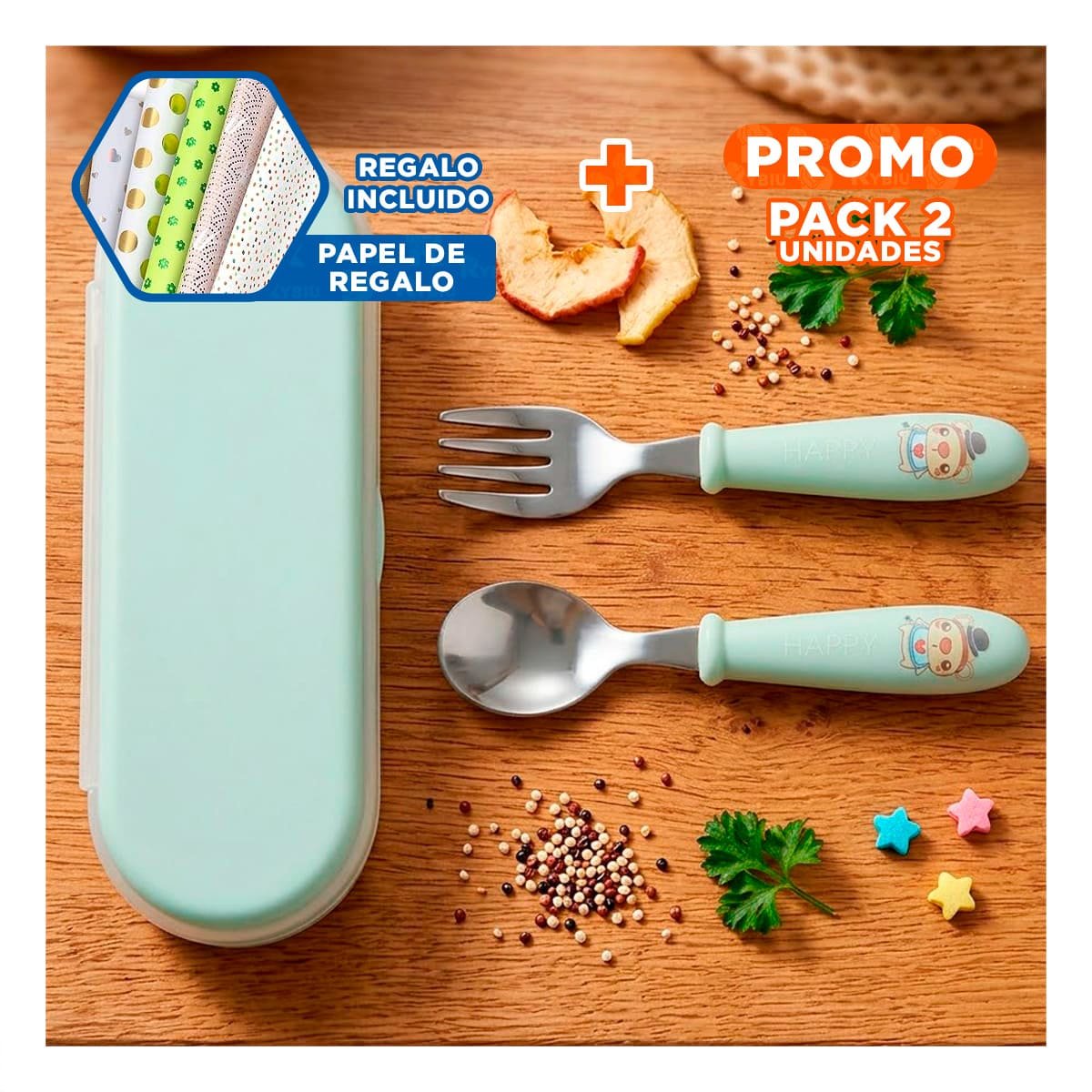 PACK2 PACK DE CUBIERTOS CHANCHO HAPPY VERDE CON ESTUCHE LIVIANO Y+PAPEL REGALO - 1