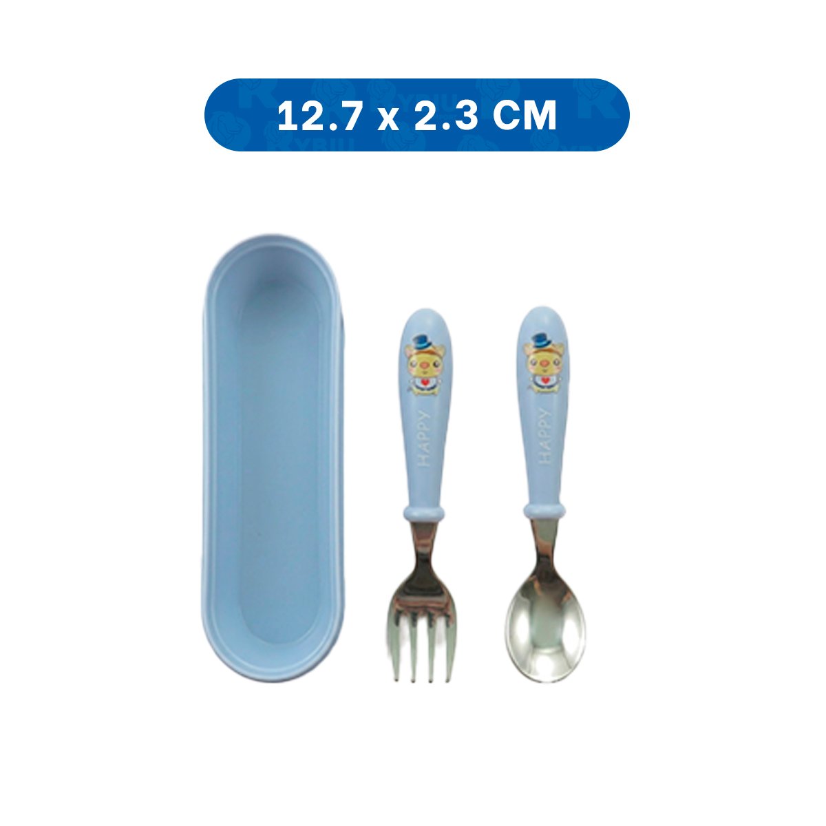 KIT DE CUBIERTOS CHANCHO HAPPY CELESTE CON ESTUCHE COMPACTO Y+PAPEL REGALO - 4