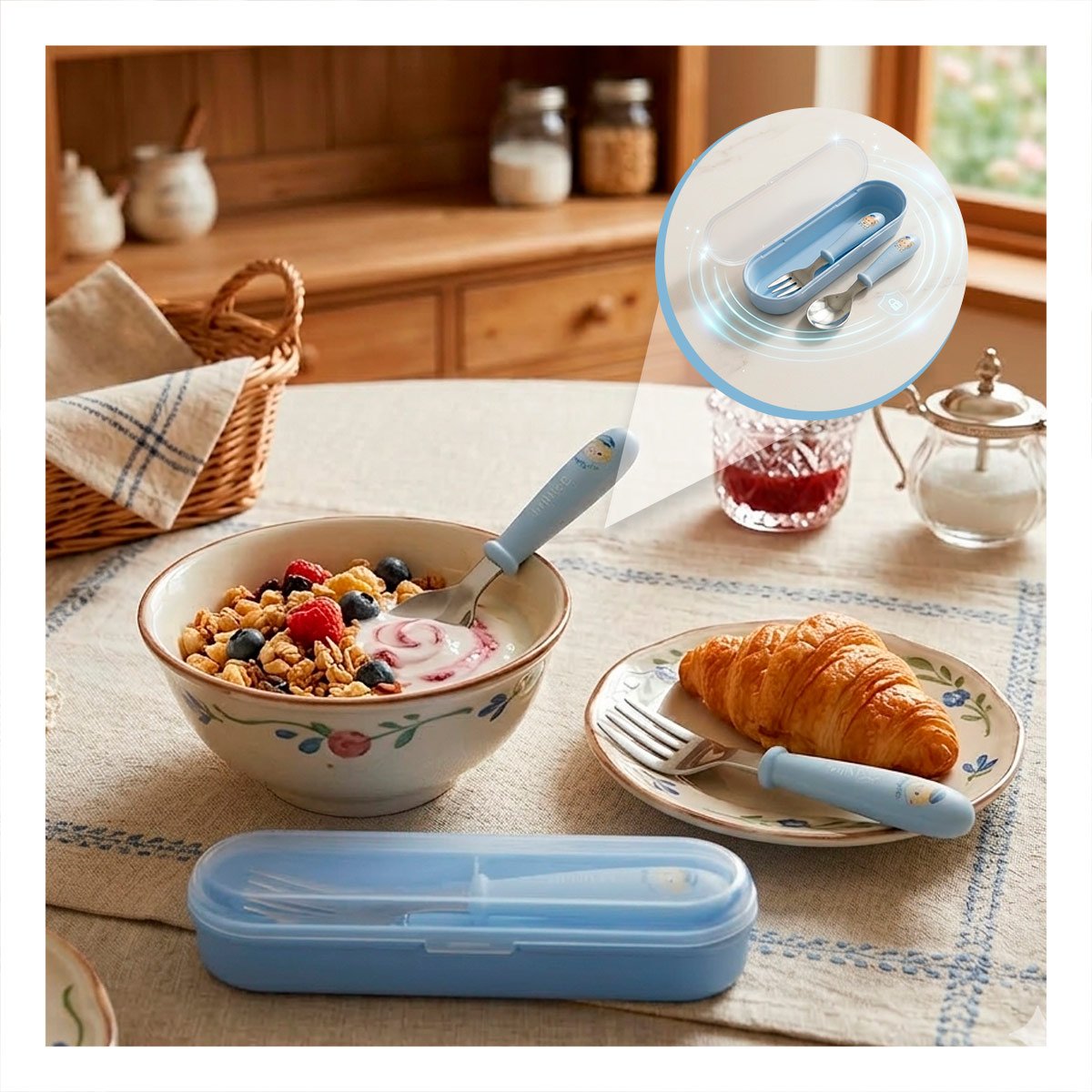 KIT DE CUBIERTOS CHANCHO HAPPY CELESTE CON ESTUCHE COMPACTO Y+PAPEL REGALO - 5