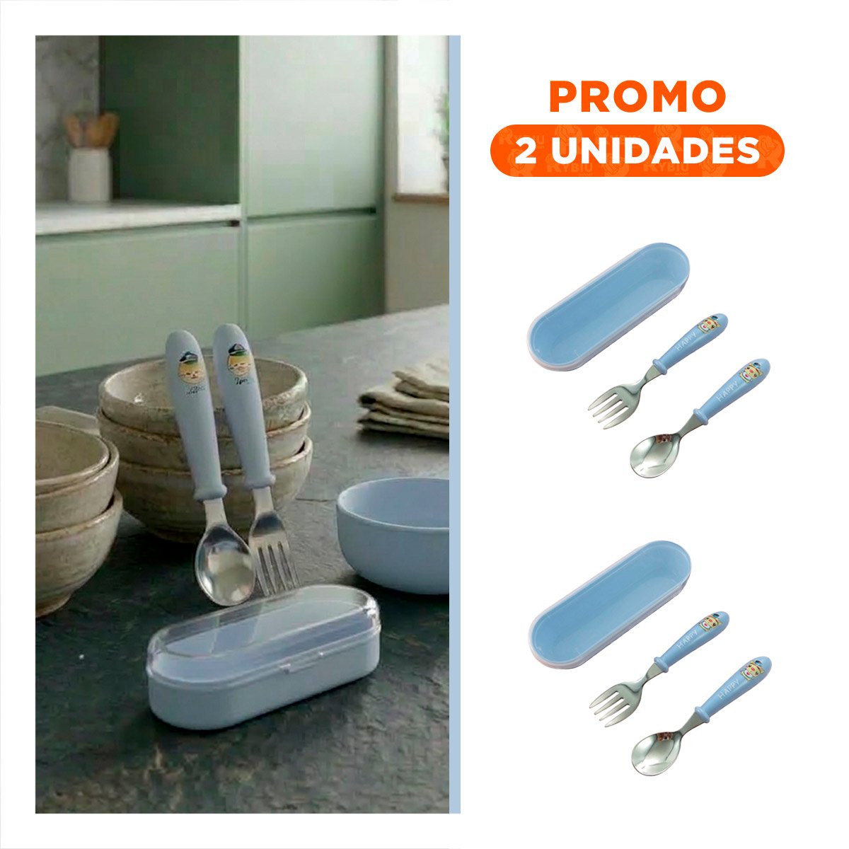 PACK2 KIT ESCOLAR CHANCHO CON ESTUCHE PRACTICO CUCHARA Y TENEDOR COLOR CELESTE - 1