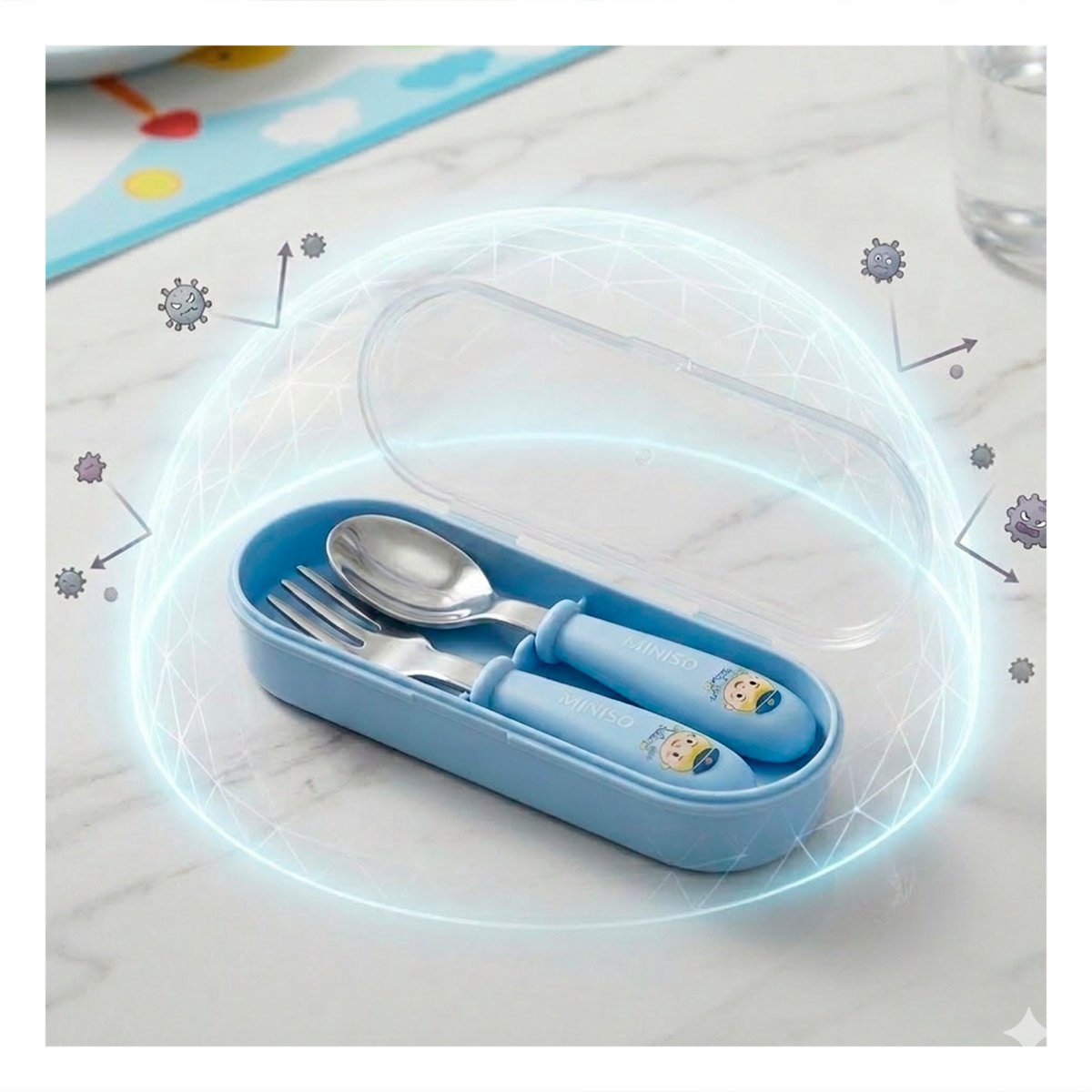 PACK2 KIT ESCOLAR CHANCHO CON ESTUCHE PRACTICO CUCHARA Y TENEDOR COLOR CELESTE - 3
