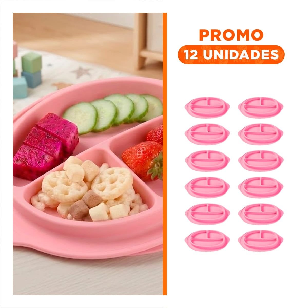 PACK12 FUENTE INFANTIL DE SILICONA CON CARITA FELIZ ROSADO SEPARADA Y+REGALO STICKER - 1
