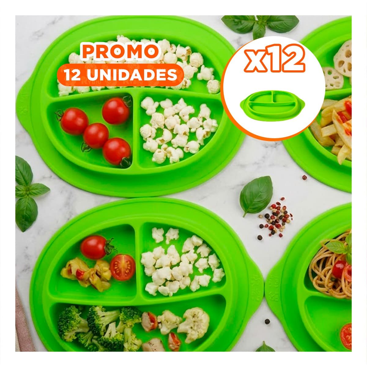 PACK12 PLATO PRACTICO DE SILICONA CON CARITA FELIZ VERDE - 1