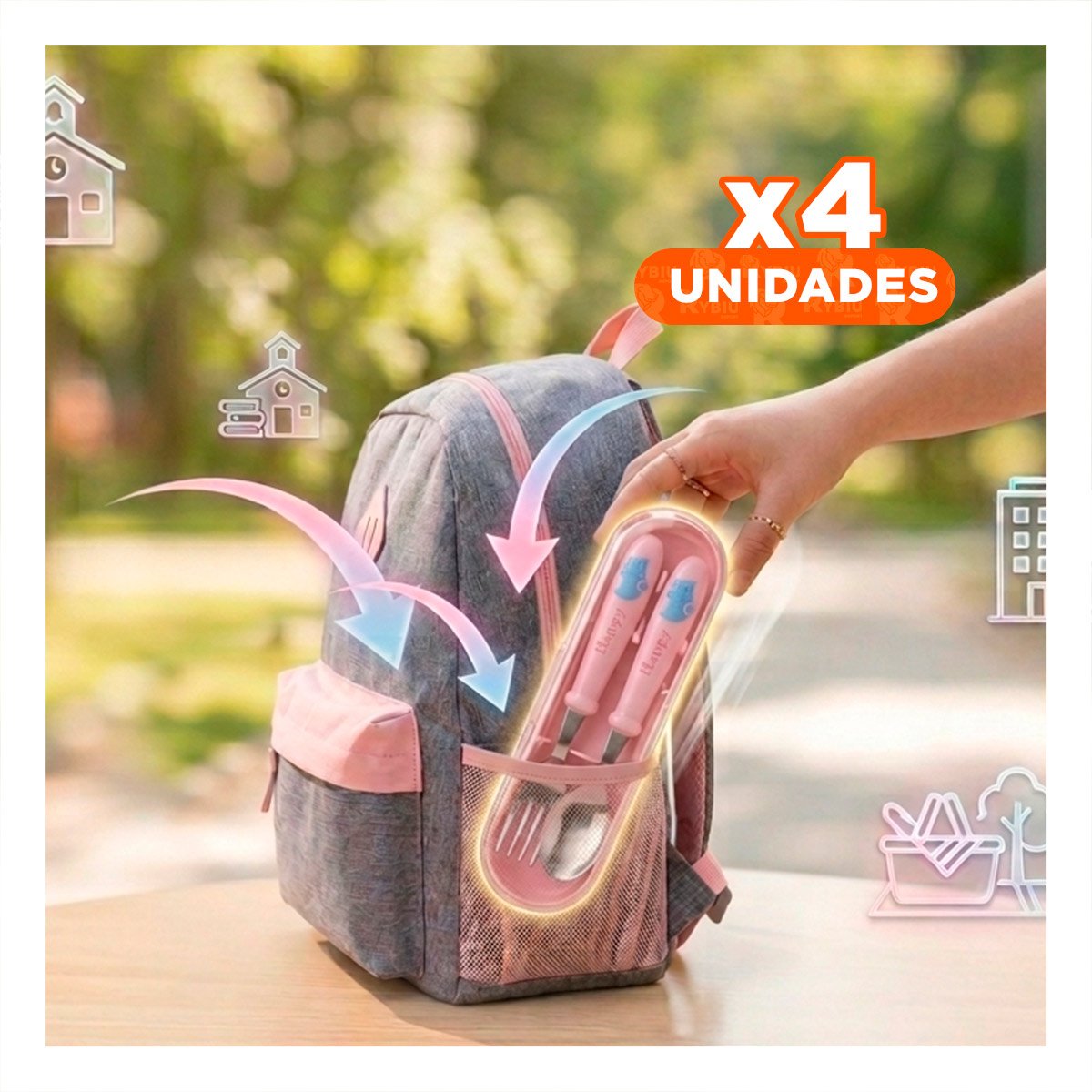 PACK4 SET PORTATIL GATO HAPPY ROSADO CON ESTUCHE RESISTENTE - 1