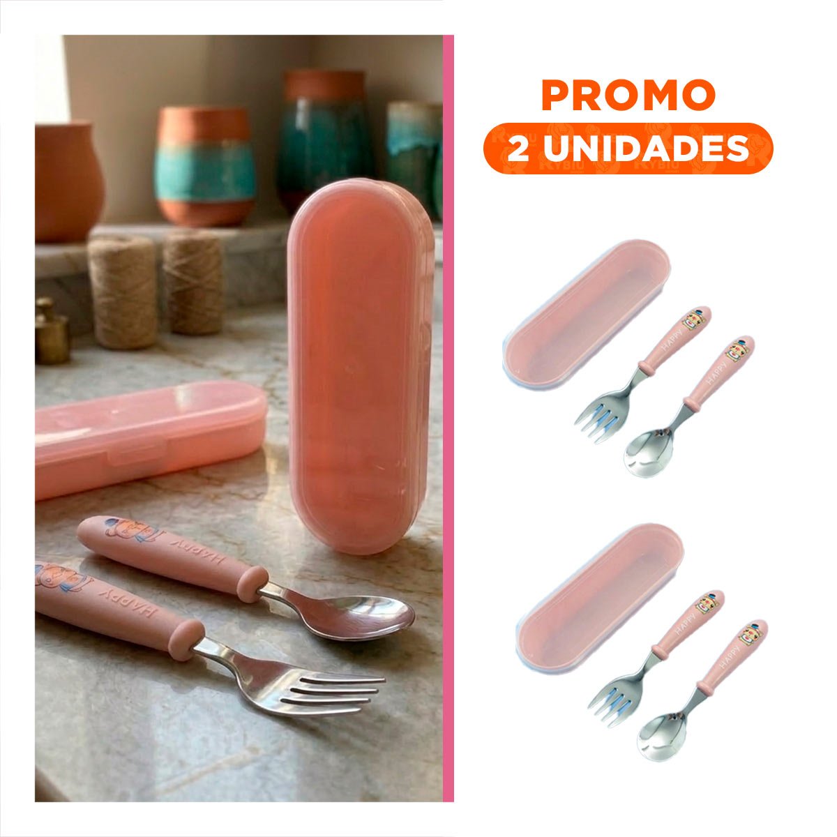 PACK2 KIT INFANTIL CHANCHO CON ESTUCHE COMPACTO CUCHARA Y TENEDOR MELON - 1
