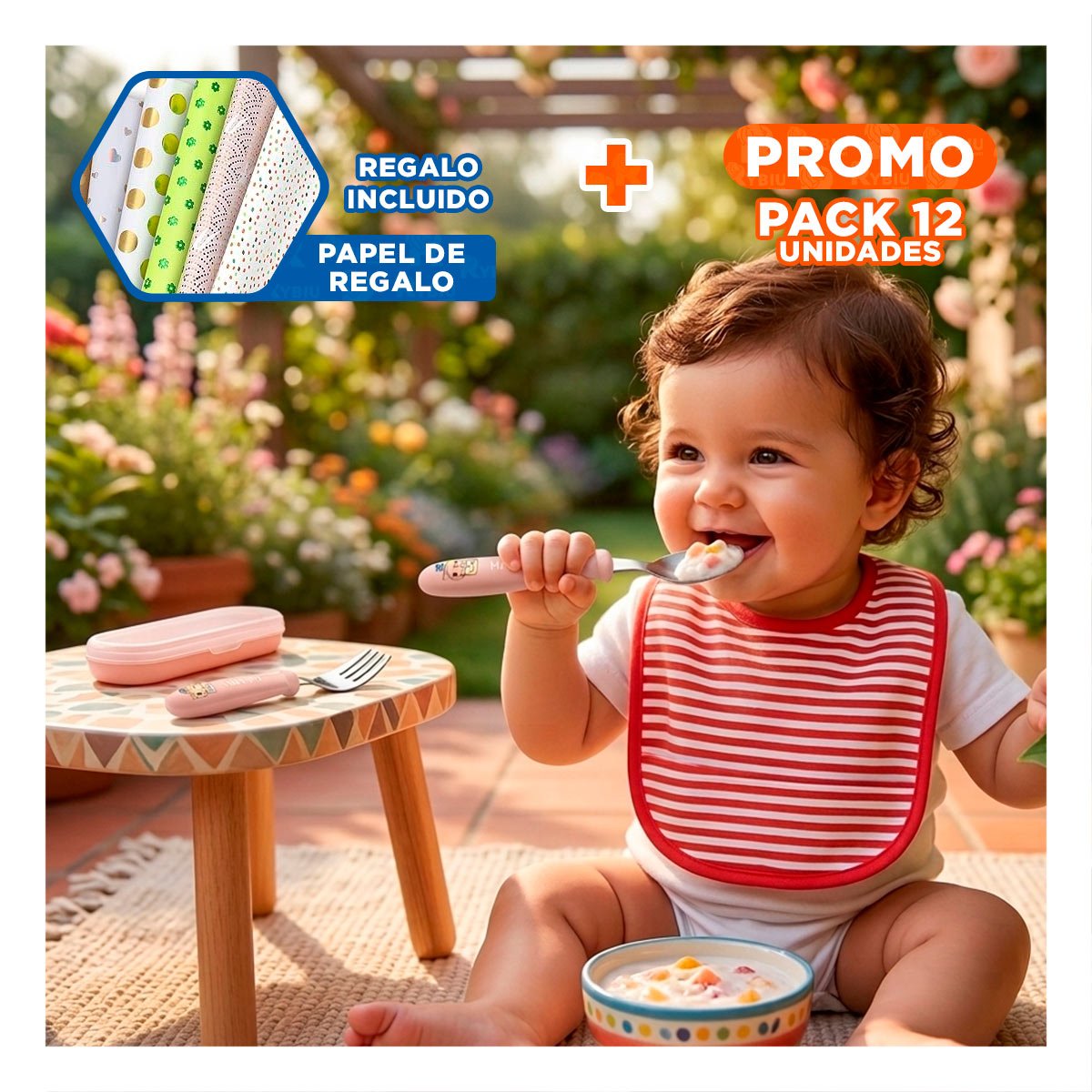 PACK12 KIT DE CUCHARA Y TENEDOR CHANCHO CON ESTUCHE COLOR MELON Y+PAPEL REGALO - 1