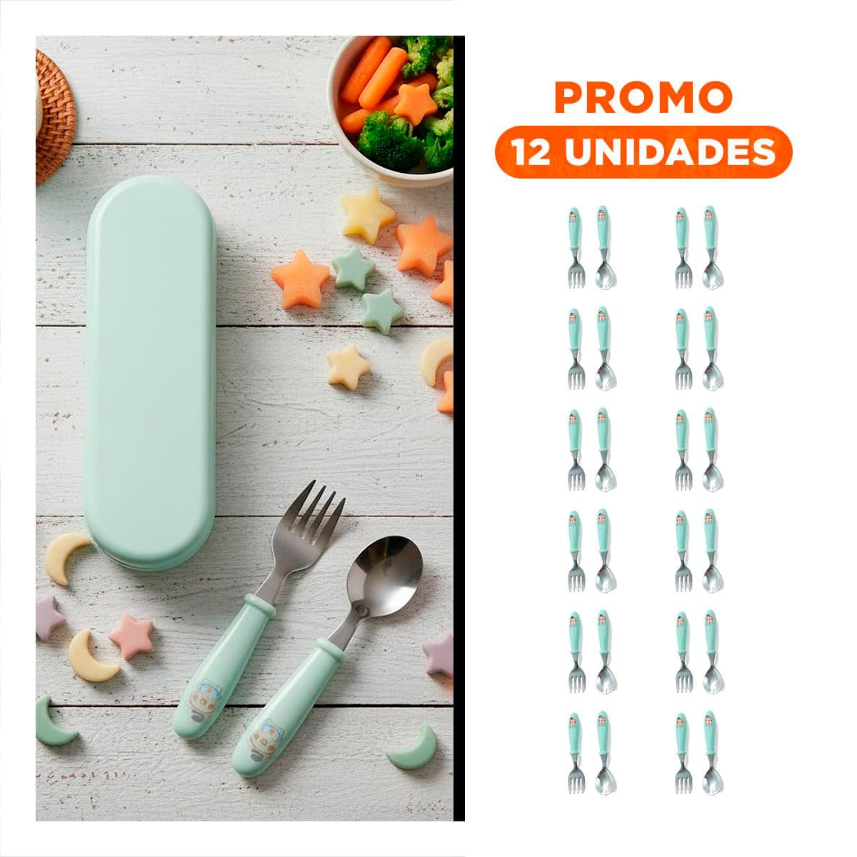 PACK12 PACK DE CUCHARA Y TENEDOR CHANCHO HAPPY VERDE CON ESTUCHE COMPACTO Y+REGALO STICKER - 1