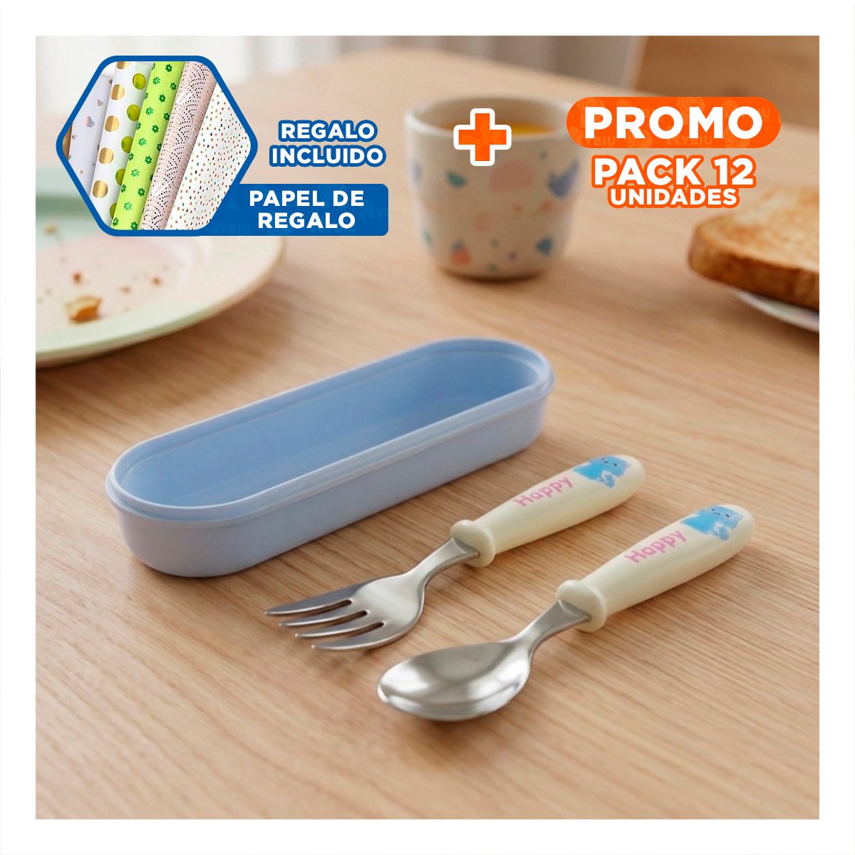 PACK12 KIT ESCOLAR GATO CON ESTUCHE LIVIANO CUCHARA Y TENEDOR BLANCO Y+PAPEL REGALO - 1