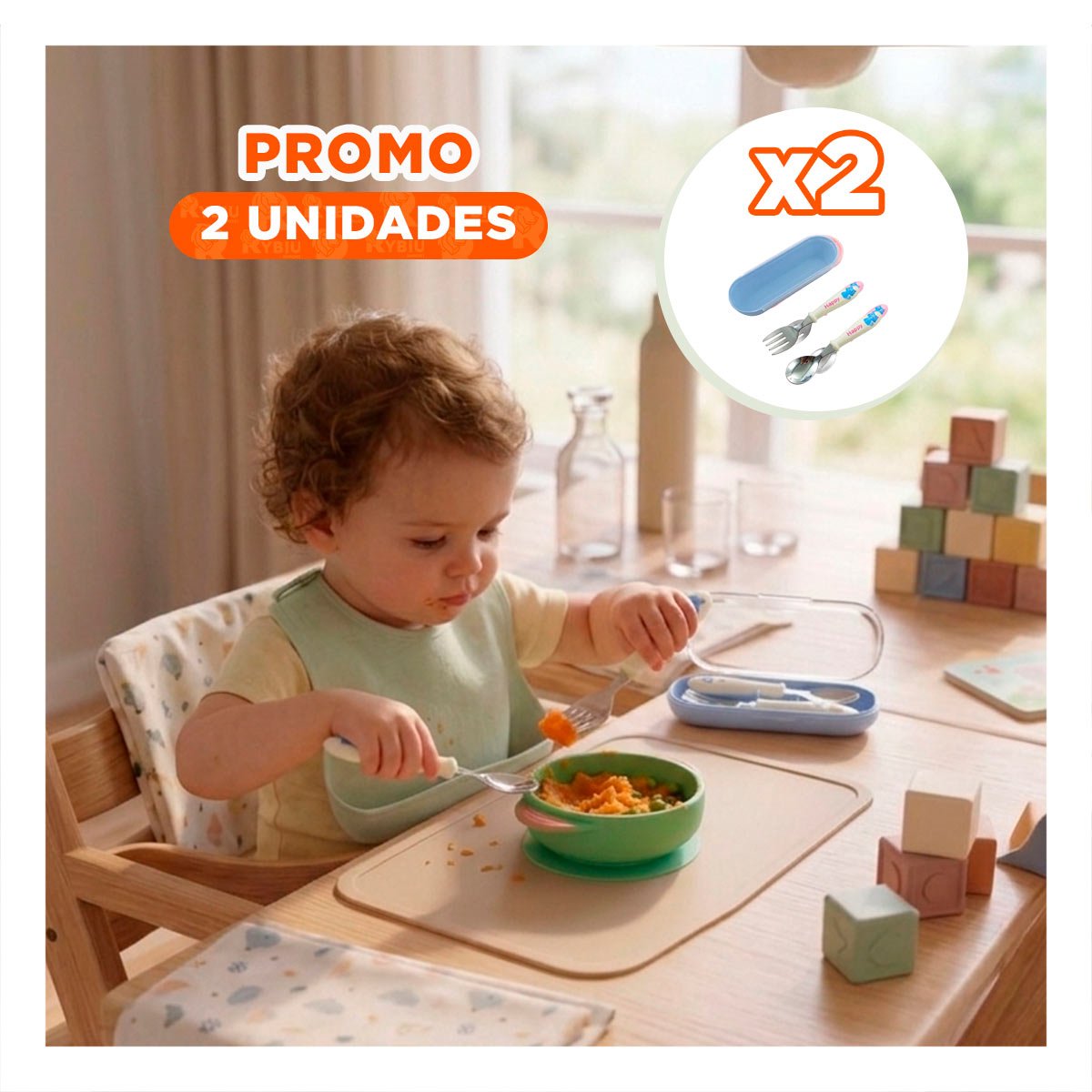 PACK2 CONJUNTO INFANTIL GATO CON ESTUCHE PLASTICO CUCHARA Y TENEDOR BLANCO Y+REGALO STICKER - 1