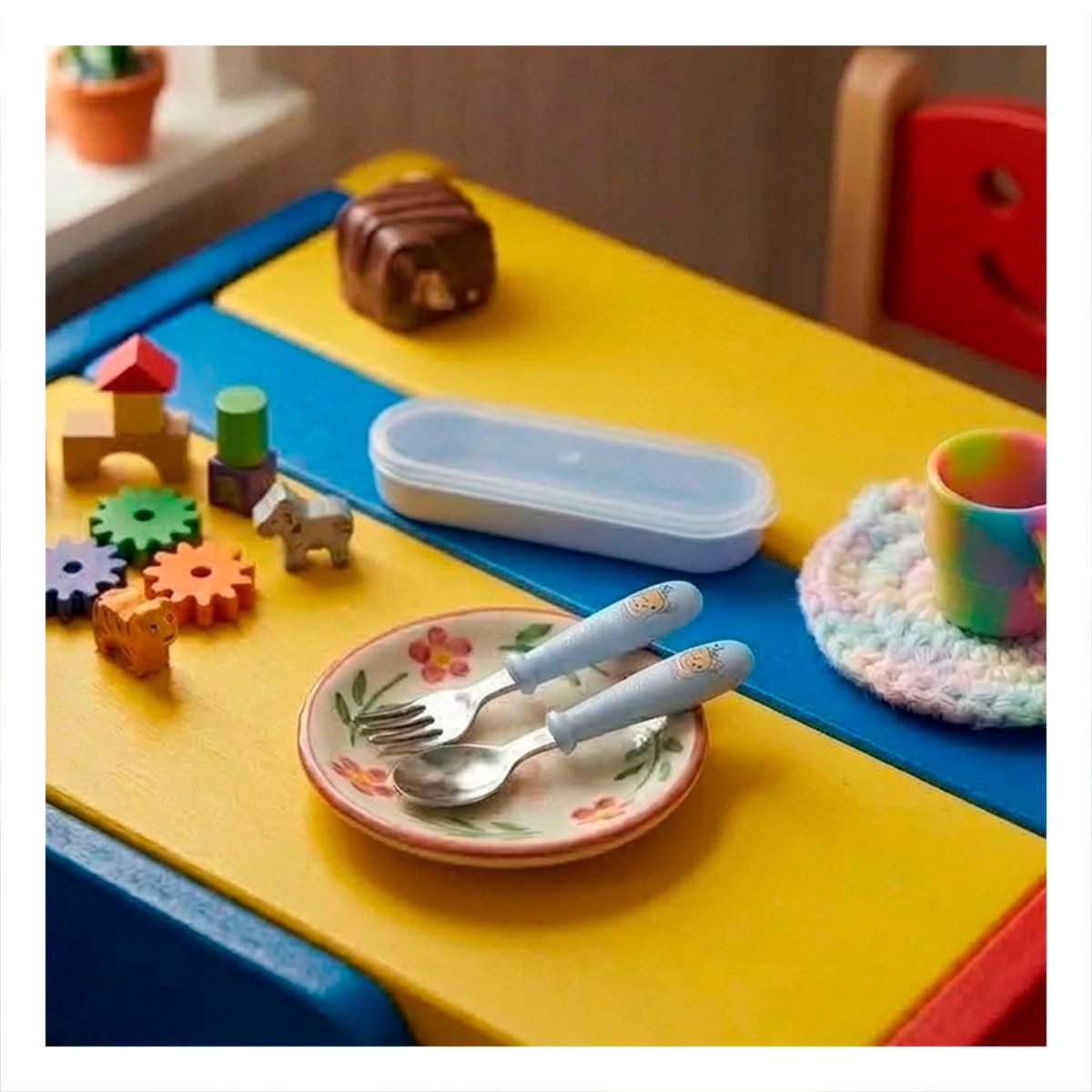 SET INFANTIL CHANCHO CON ESTUCHE SEGURO CUCHARA Y TENEDOR CELESTE - 2