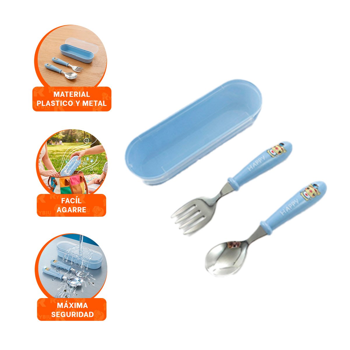 SET INFANTIL CHANCHO CON ESTUCHE SEGURO CUCHARA Y TENEDOR CELESTE - 3