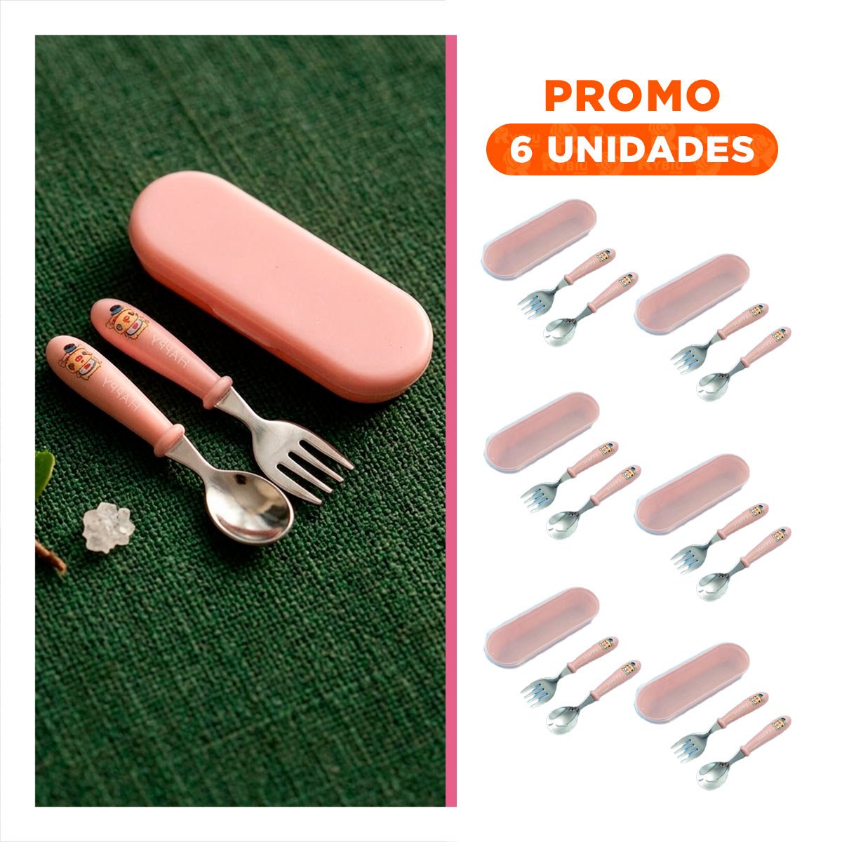 PACK6 SET DE CUCHARA Y TENEDOR CHANCHO CON ESTUCHE COLOR MELON - 1