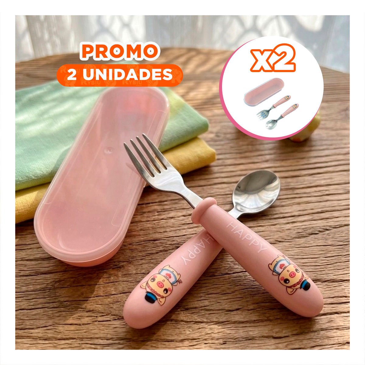 PACK2 CONJUNTO ESCOLAR CHANCHO CON ESTUCHE PLASTICO CUCHARA Y TENEDOR MELON Y+REGALO STICKER - 1