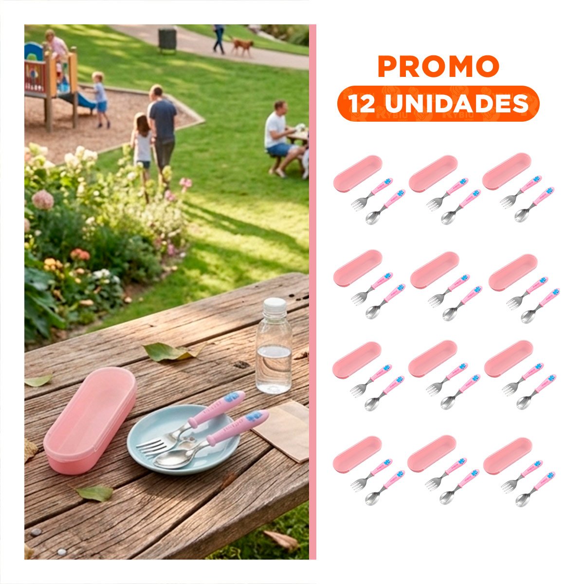 PACK12 PACK DE CUCHARA Y TENEDOR GATO HAPPY ROSADO CON ESTUCHE COMPACTO Y+REGALO STICKER - 1