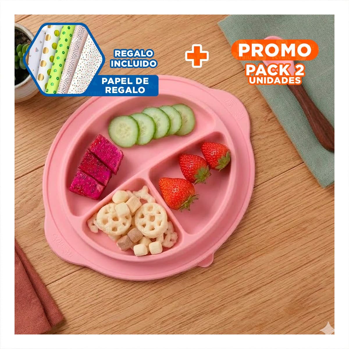 PACK2 FUENTE DE SILICONA CARITA FELIZ ROSADO CON COMPARTIMIENTOS Y+PAPEL REGALO - 1