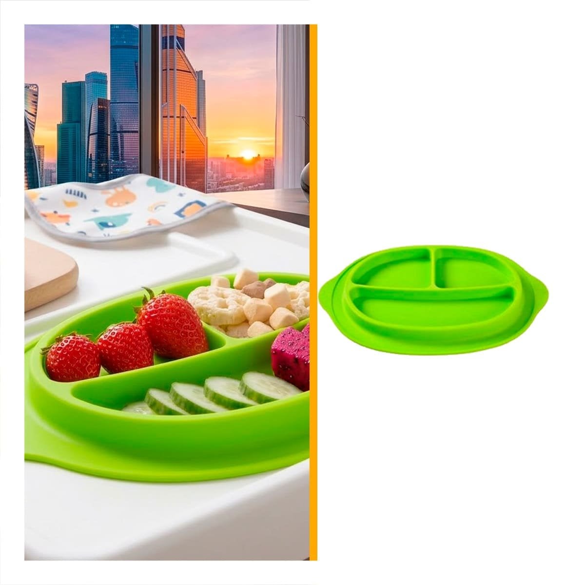 PLATO INFANTIL DE SILICONA COLOR VERDE CON CARITA FELIZ 3 DIVISIONES - 3