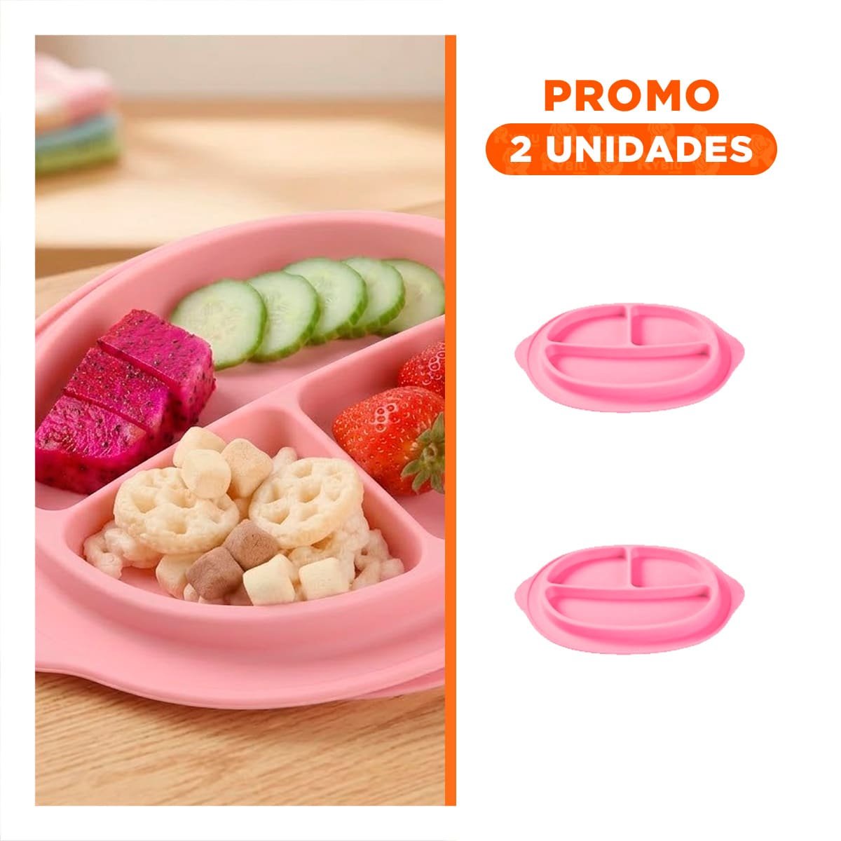 PACK2 RECIPIENTE INFANTIL COLOR ROSADO DE SILICONA CON CARITA FELIZ - 1
