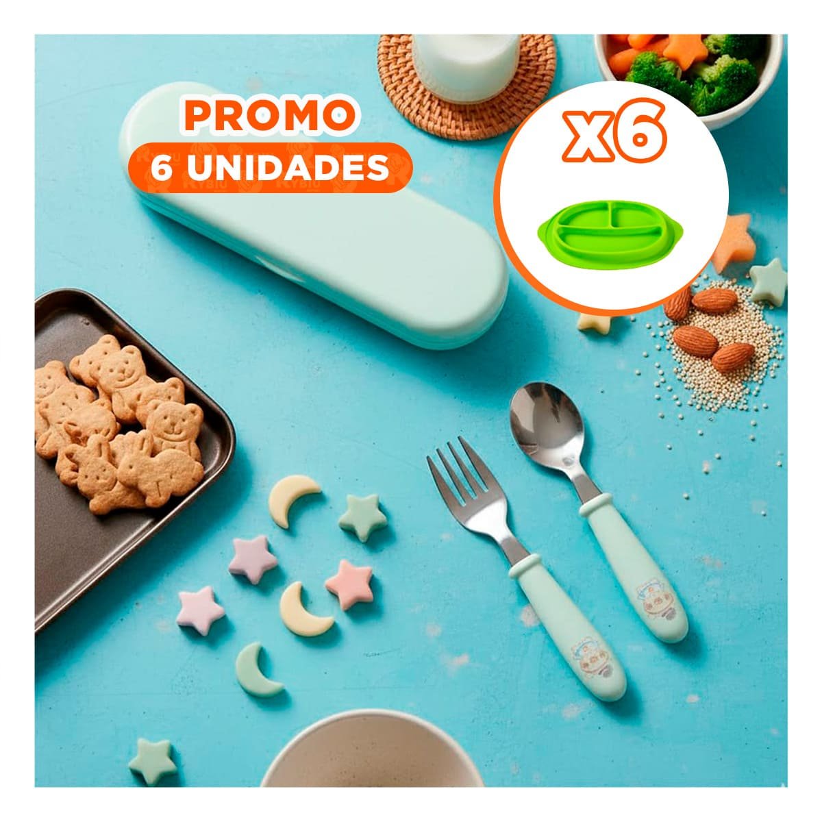 PACK6 PACK INFANTIL CON ESTUCHE PROTECTOR CUCHARA Y TENEDOR COLOR VERDE Y+REGALO STICKER - 1