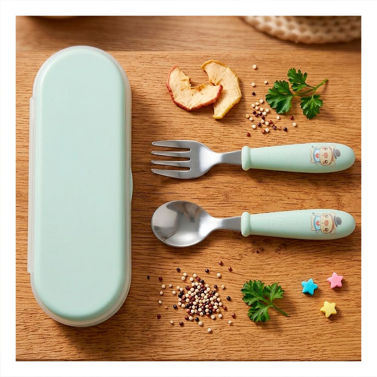 PACK6 PACK INFANTIL CON ESTUCHE PROTECTOR CUCHARA Y TENEDOR COLOR VERDE Y+REGALO STICKER - 5