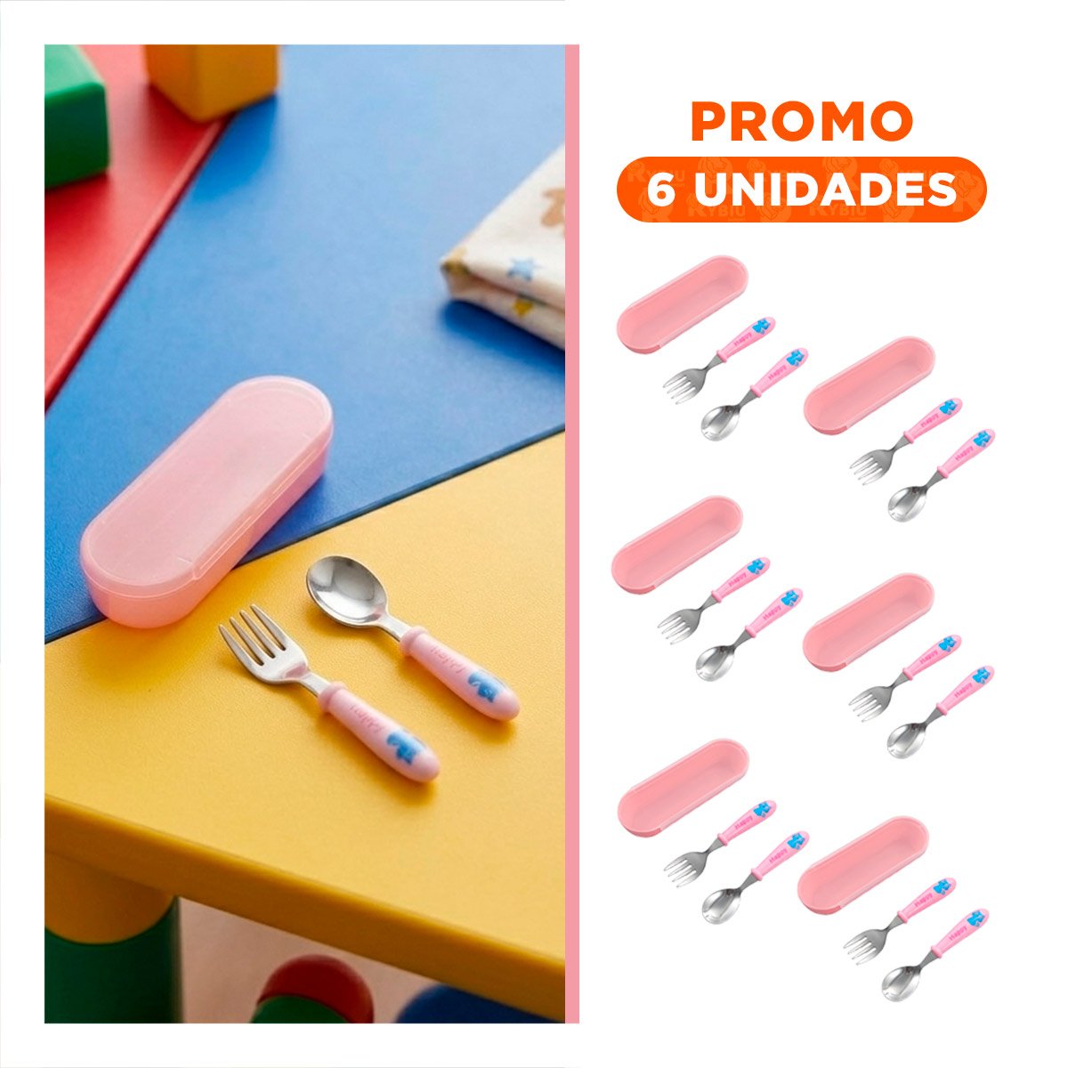 PACK6 SET ESCOLAR GATO CON ESTUCHE COMPACTO CUCHARA Y TENEDOR ROSADO - 1