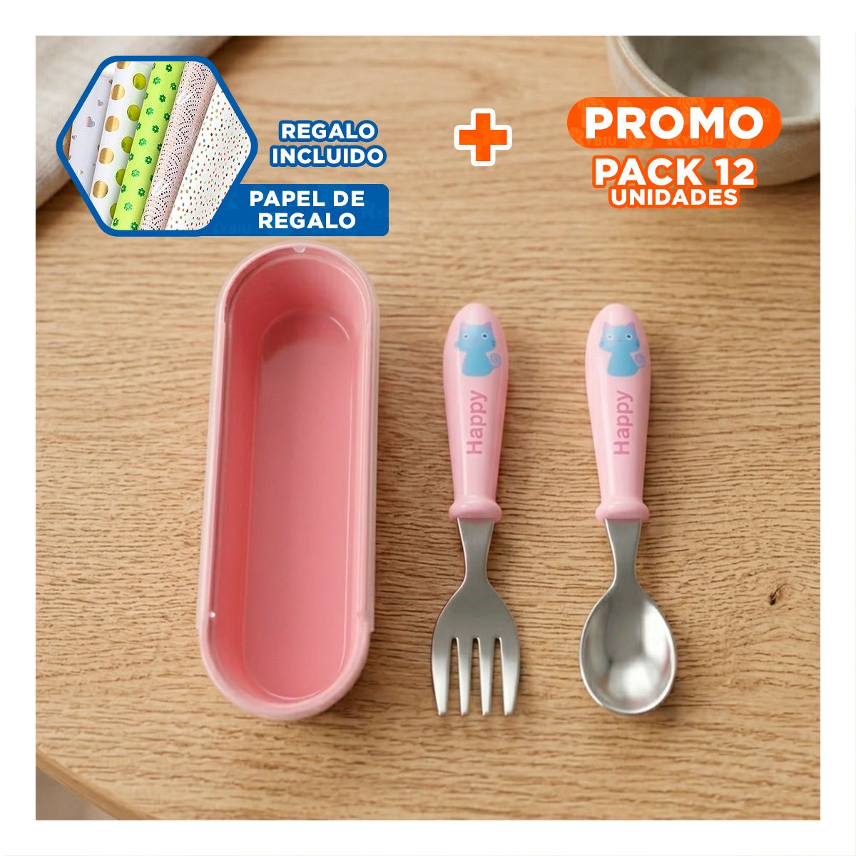 PACK12 KIT ESCOLAR GATO CON ESTUCHE LIVIANO CUCHARA Y TENEDOR ROSADO Y+PAPEL REGALO - 1