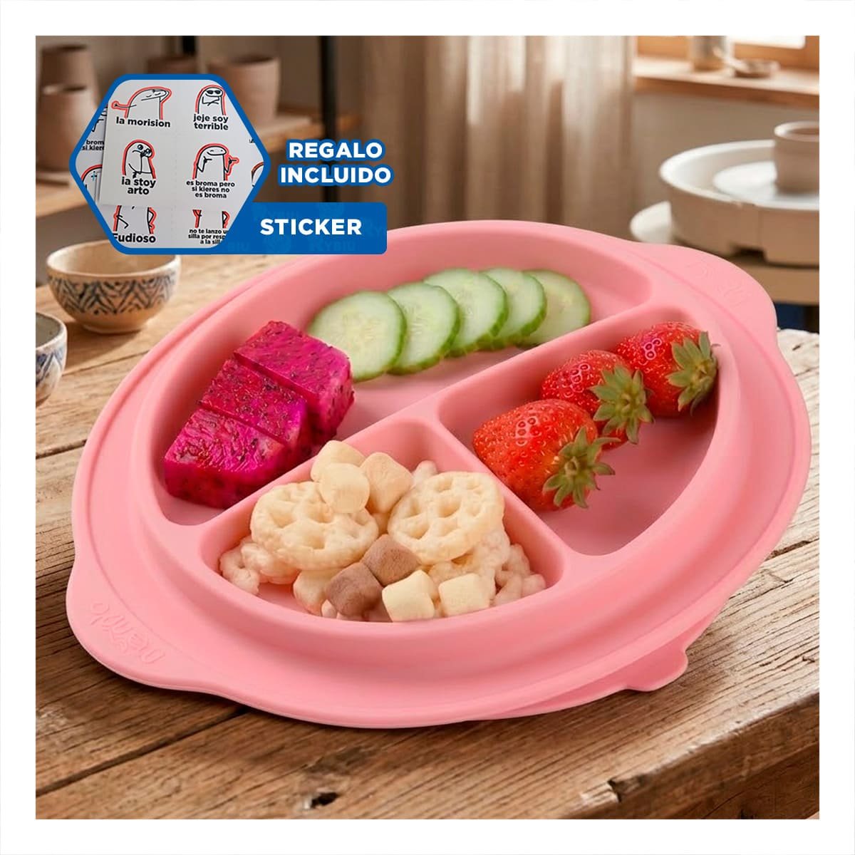 FUENTE DE SILICONA CON CARITA FELIZ 3 ESPACIOS COLOR ROSADO Y+REGALO STICKER - 1