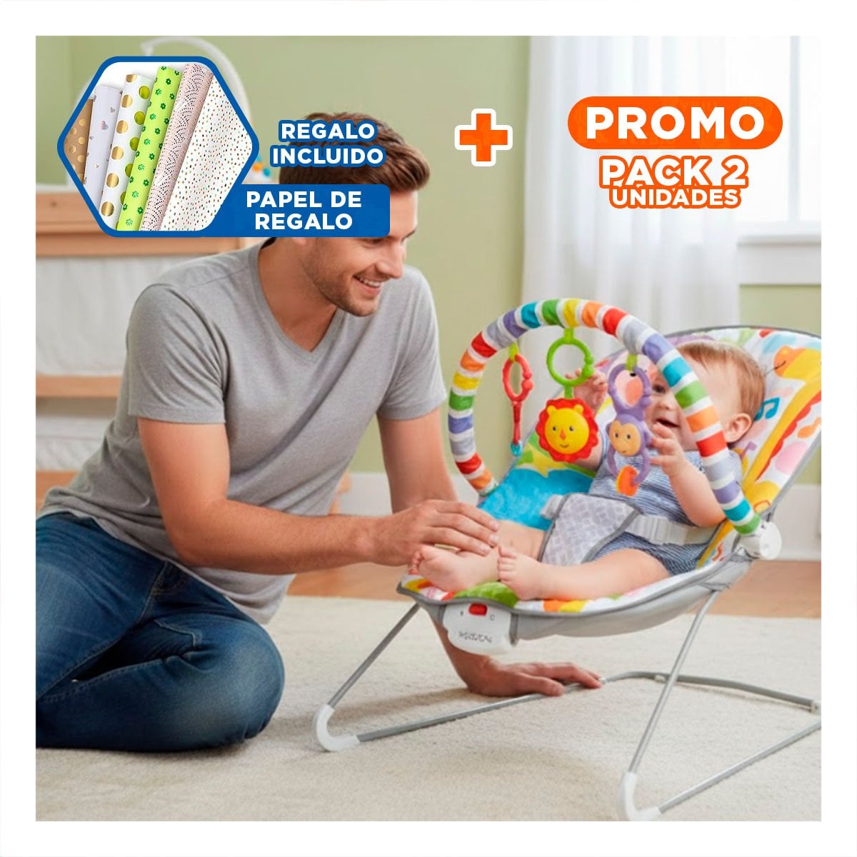 PACK2 REPOSADOR MECEDOR CON ESTRUCTURA RESISTENTE MULTICOLOR MONITO Y+PAPEL REGALO - 1