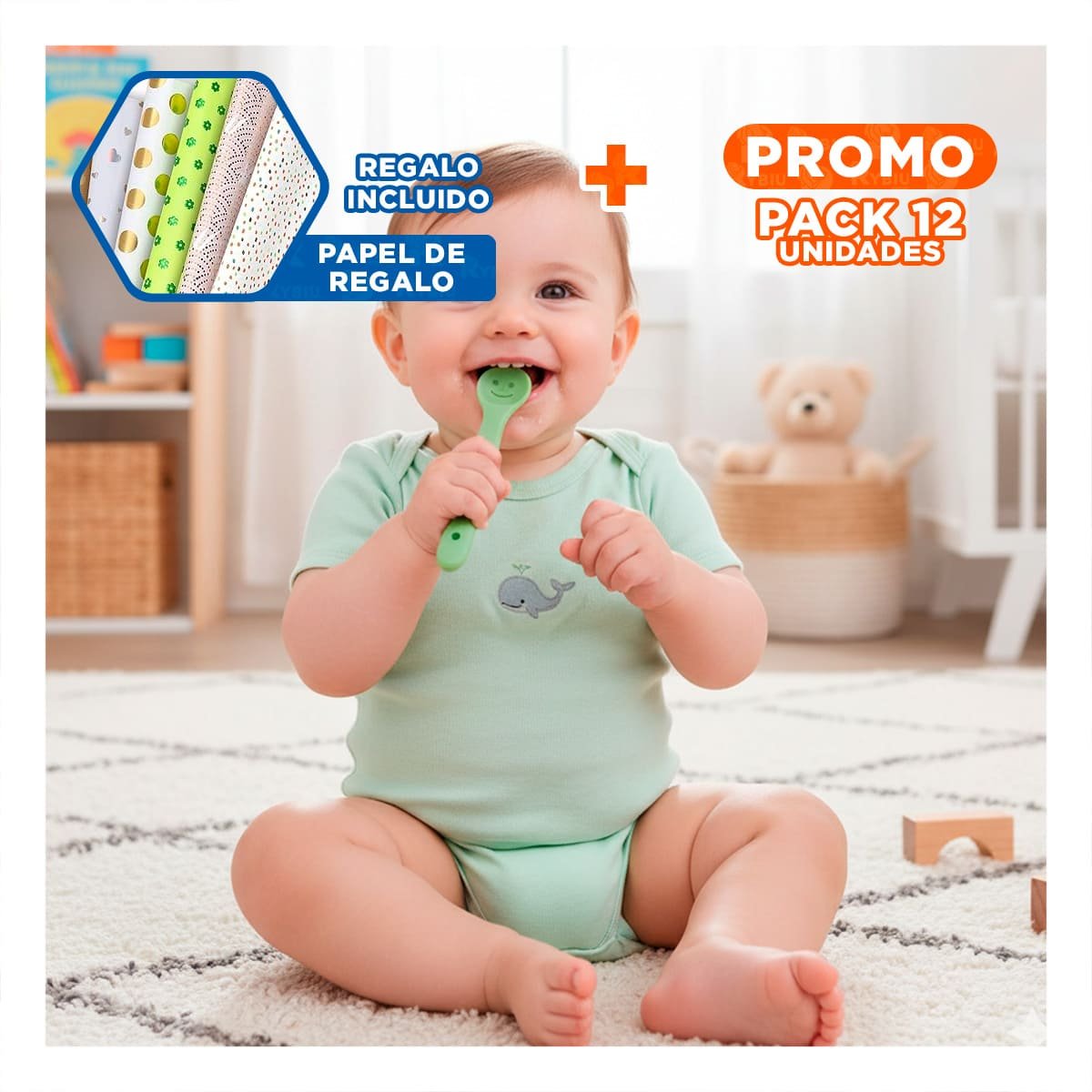 PACK12 KIT 3 PRE CUCHARAS PARA PRIMEROS YOGUIS DEL BEBE COMODO Y SEGURO VERDE Y+PAPEL REGALO - 1