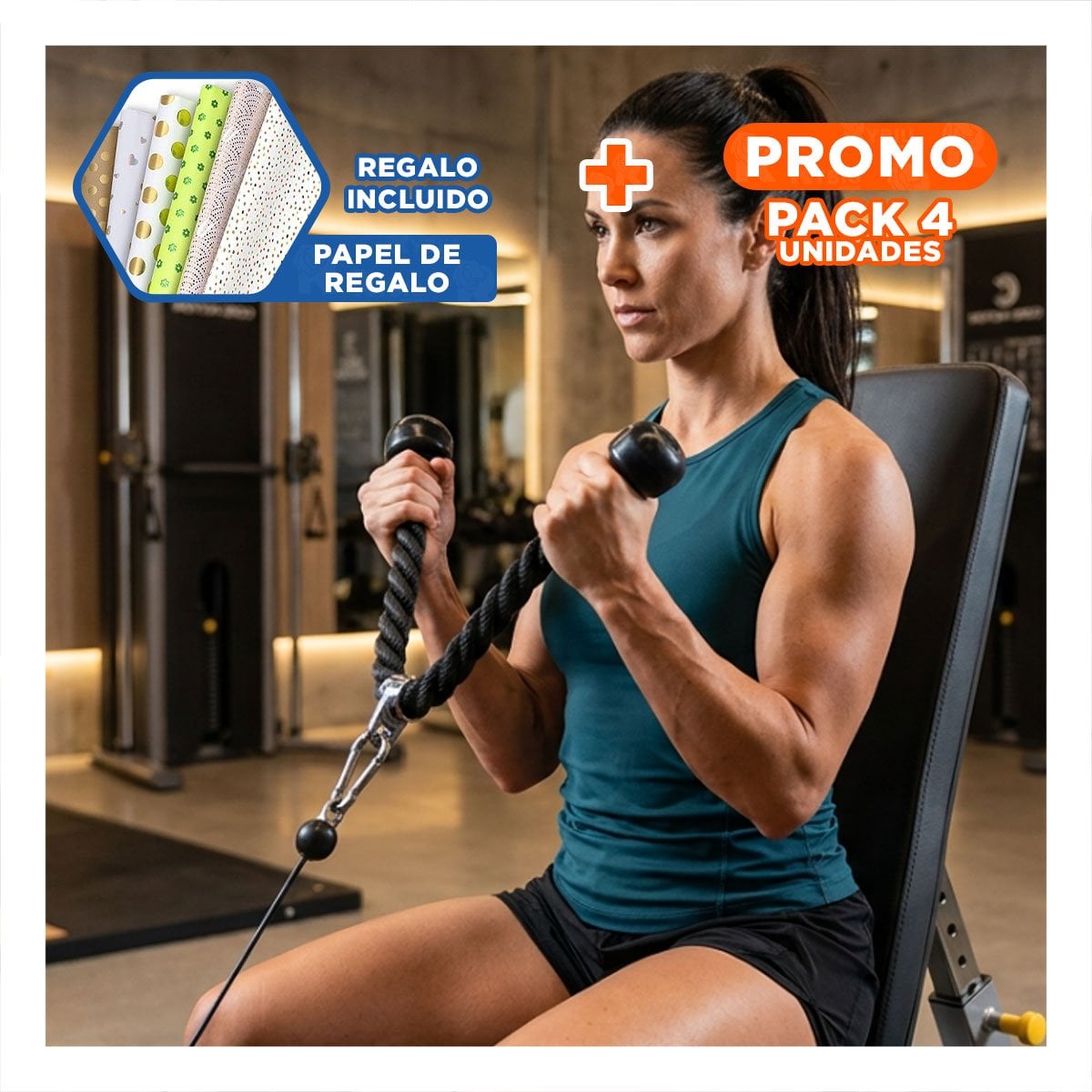 PACK4 EQUIPO DE RUTINA PARA BICEPS TRICEPS CON AGARRE DOBLE NEGRO Y+PAPEL REGALO - 1