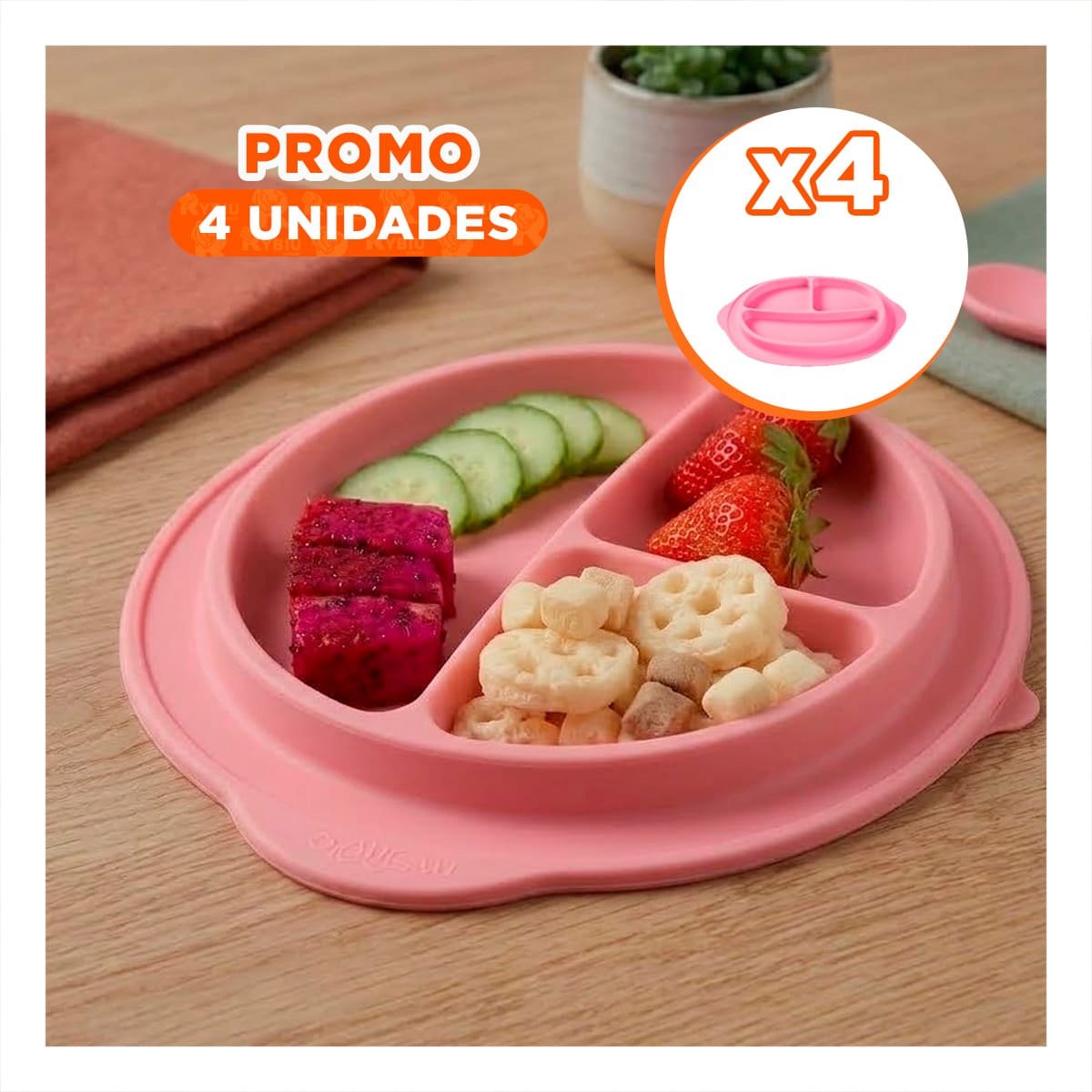 PACK4 BANDEJA INFANTIL DE SILICONA CARITA FELIZ CON DIVISIONES ROSADO - 1