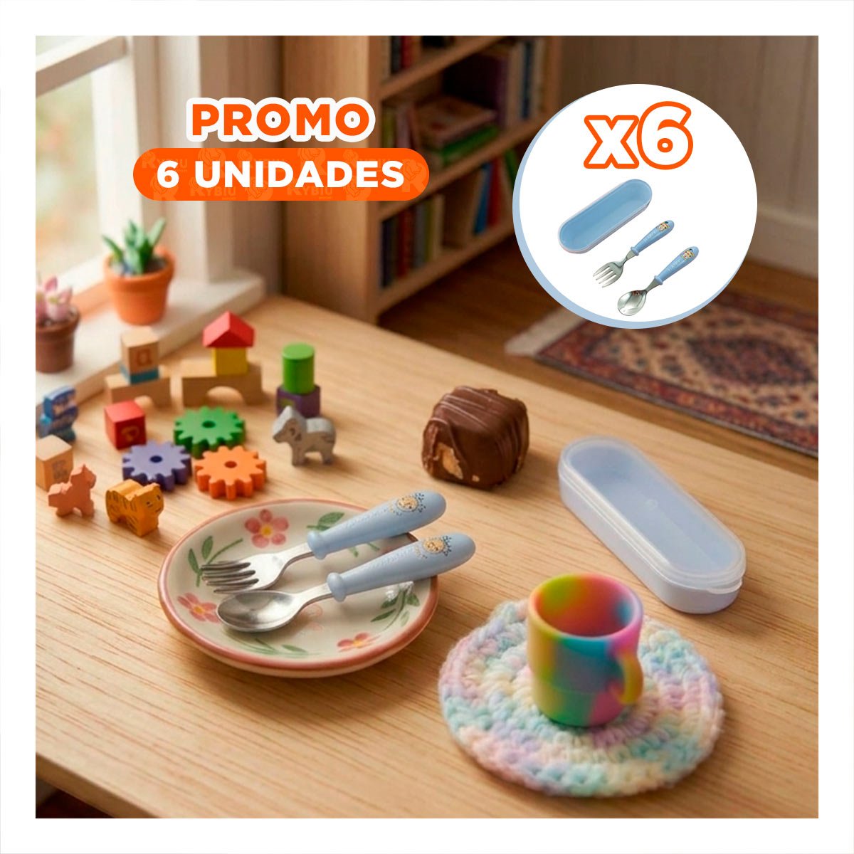 PACK6 PACK INFANTIL CON ESTUCHE PROTECTOR CUCHARA Y TENEDOR COLOR CELESTE Y+REGALO STICKER - 1
