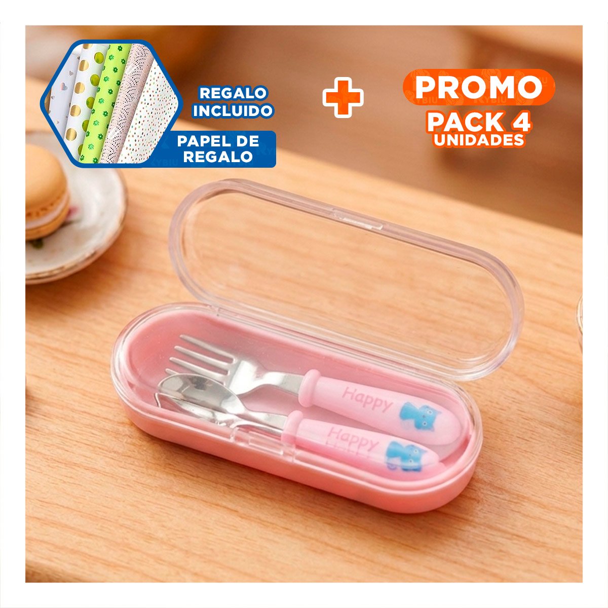 PACK4 KIT INFANTIL GATO CON CUCHARA Y TENEDOR ESTUCHE COLOR ROSADO Y+PAPEL REGALO - 1