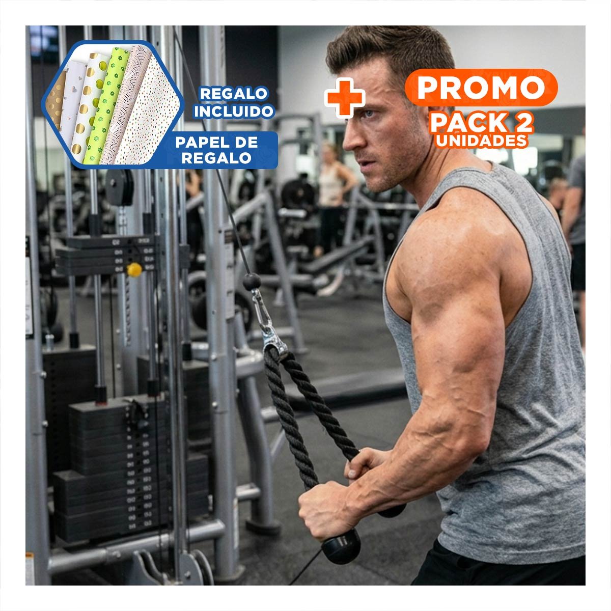 PACK2 COMPLEMENTO DE GIMNASIO PARA BICEPS TRICEPS CON AGARRE DOBLE NEGRO Y+PAPEL REGALO - 1