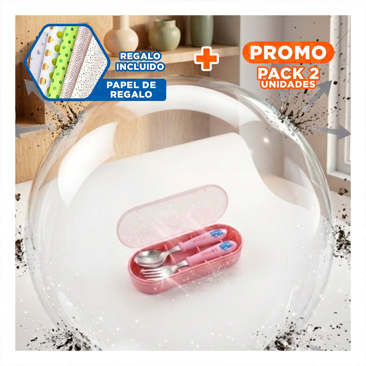 PACK2 PACK DE CUBIERTOS GATO HAPPY ROSADO CON ESTUCHE LIVIANO Y+PAPEL REGALO - 1