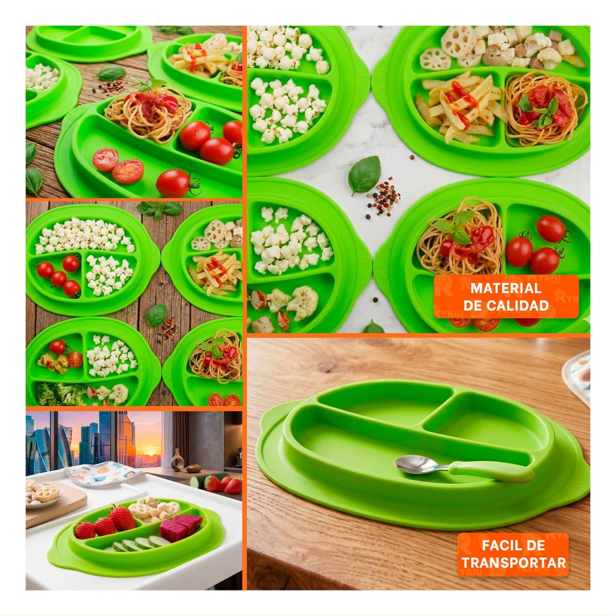 BANDEJA DE SILICONA CARITA FELIZ COLOR VERDE PARA COMIDA INFANTIL Y+LIGAS REGALO - 5