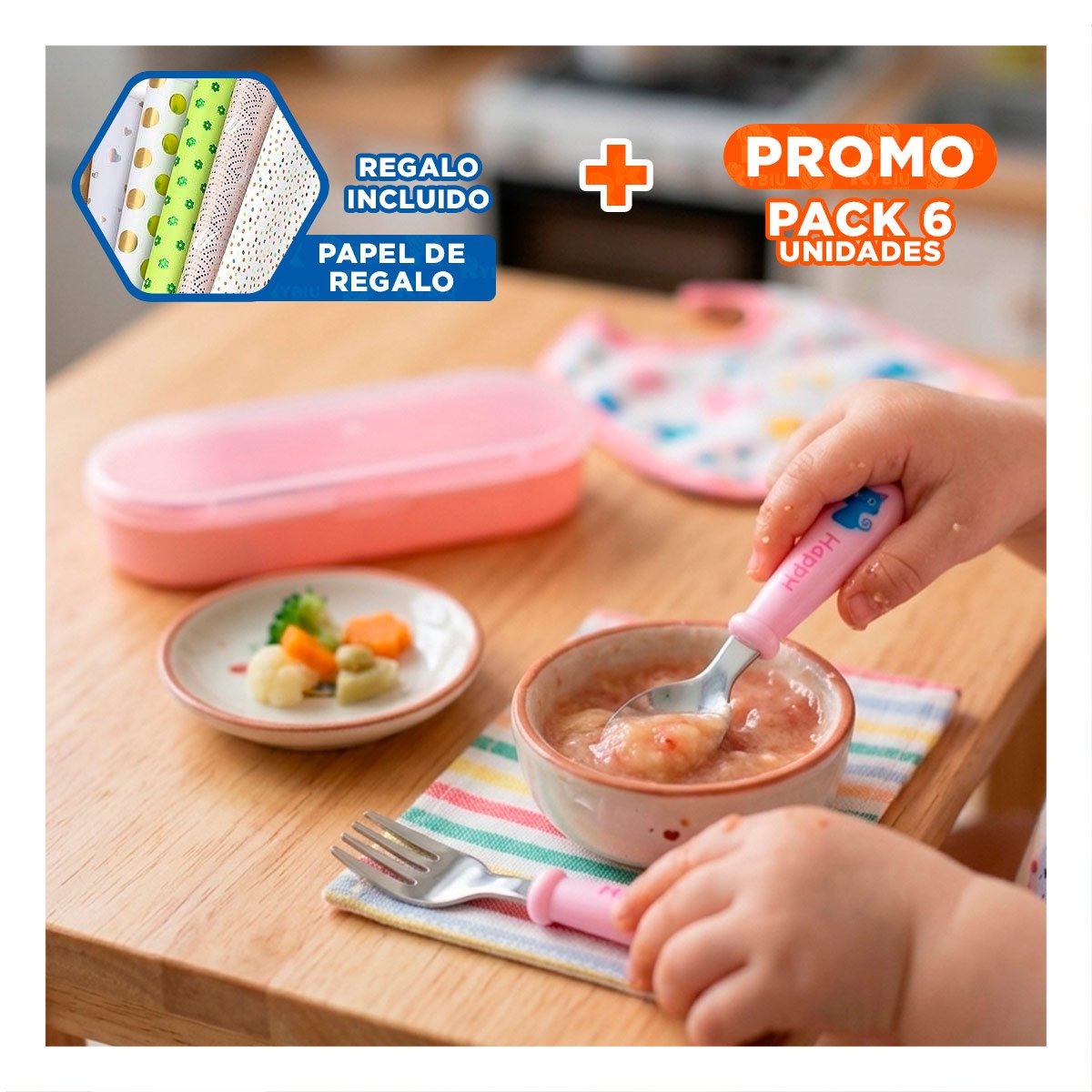 PACK6 KIT PORTATIL GATO HAPPY ROSADO CON ESTUCHE HERMETICO Y+PAPEL REGALO - 1