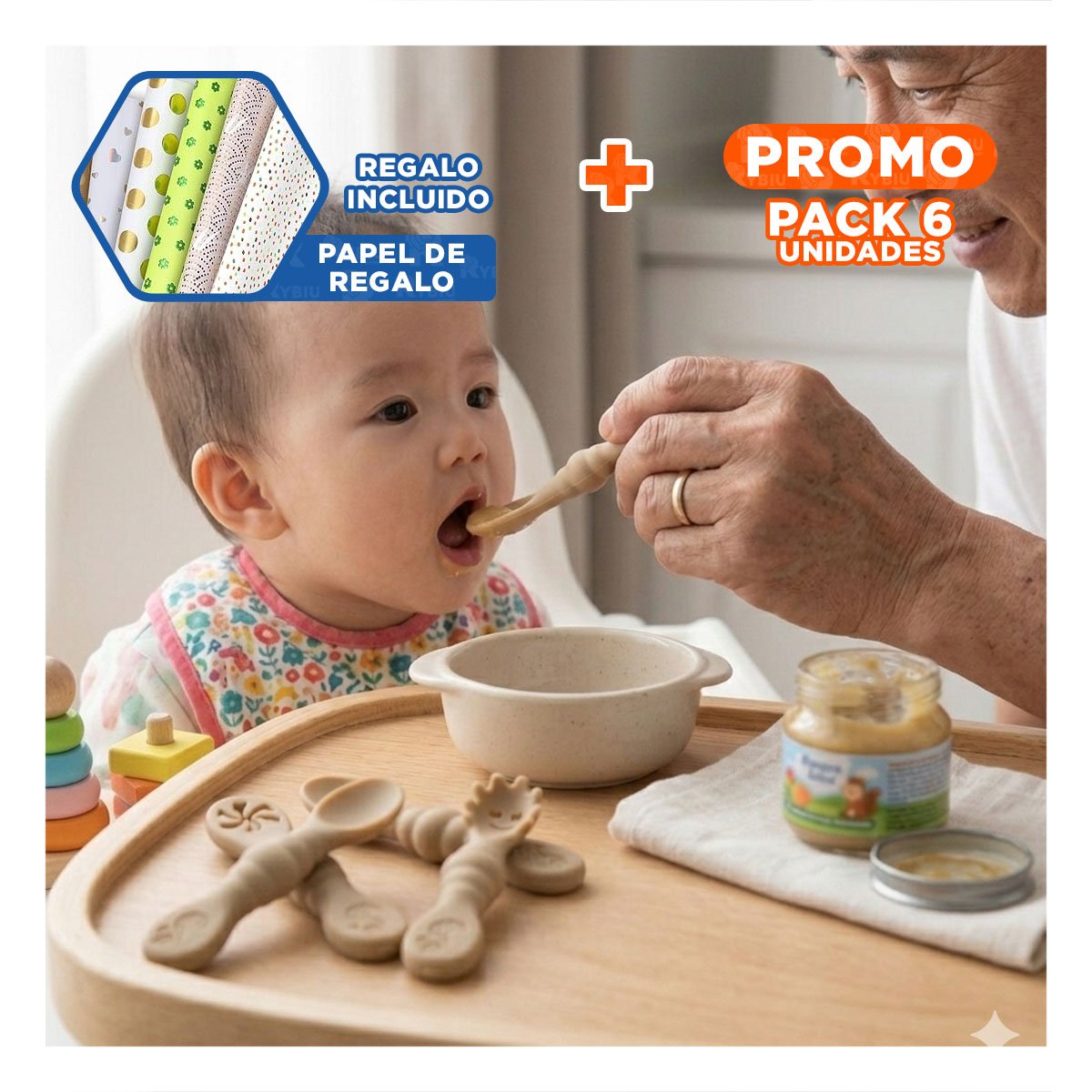PACK6 KIT 3 PRE CUCHARAS COMODO Y FUNCIONAL PARA ALIMENTACION DE BEBE MELON Y+PAPEL REGALO - 1