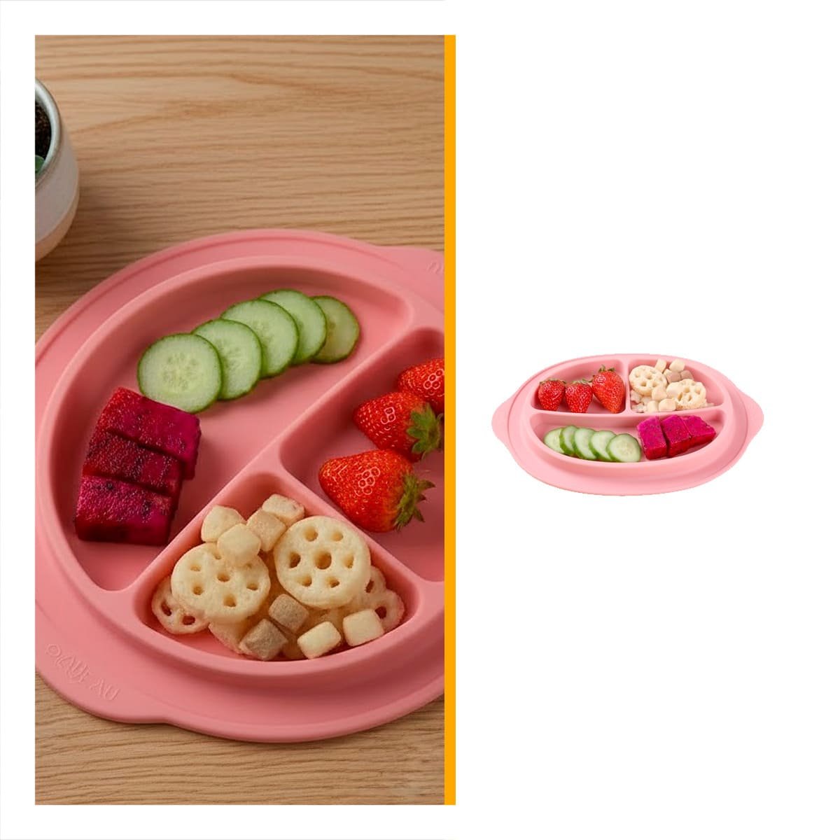PLATO INFANTIL DE SILICONA COLOR ROSADO CON CARITA FELIZ Y COMPARTIMIENTOS - 3