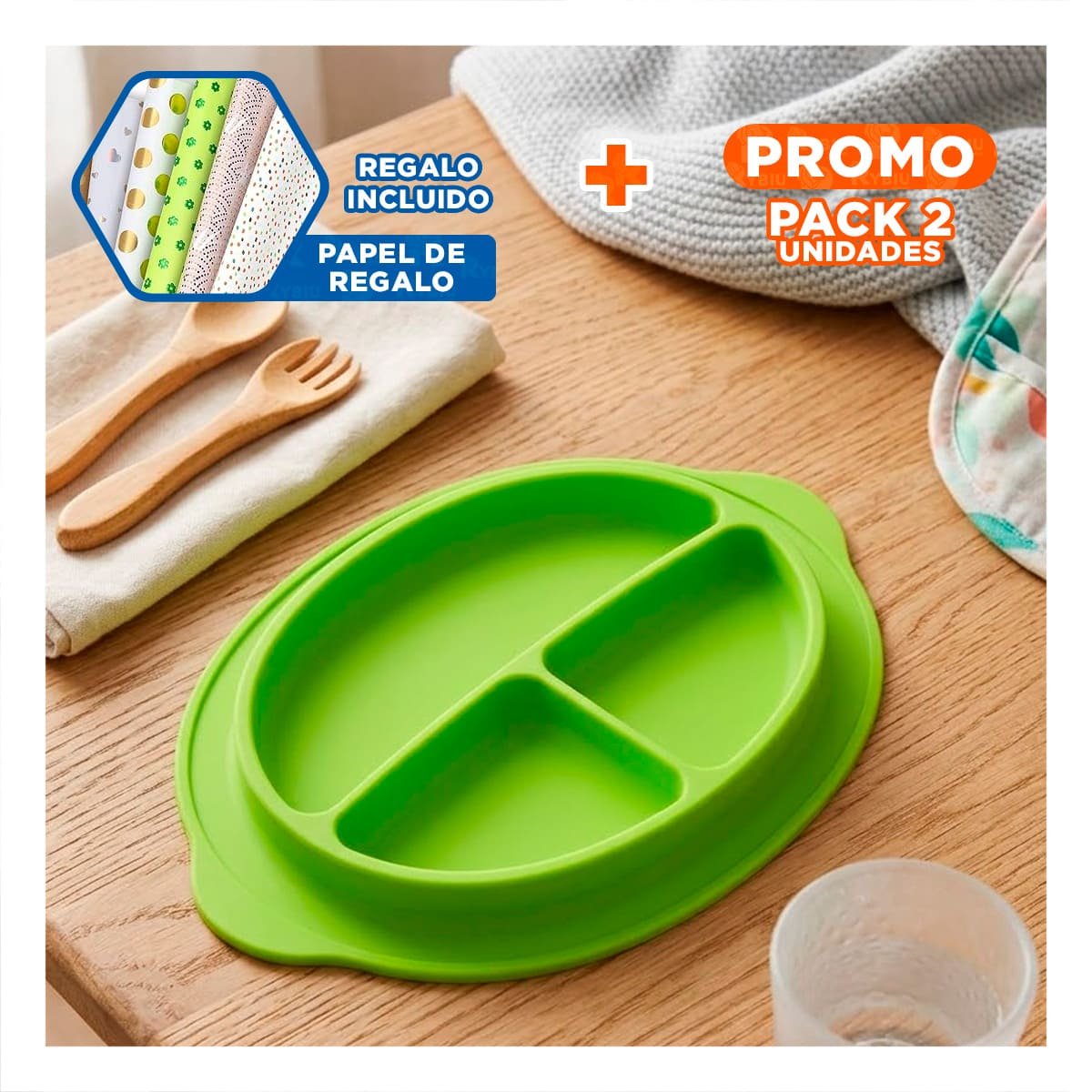 PACK4 RECIPIENTE DE SILICONA CON 3 DIVISIONES CARITA FELIZ COLOR VERDE Y+PAPEL REGALO - 1