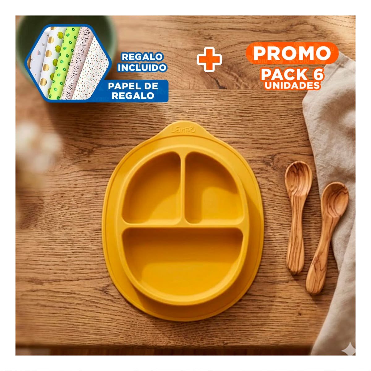 PACK6 RECIPIENTE AMARILLO DE SILICONA CARITA FELIZ CON ESPACIOS Y+PAPEL REGALO - 1