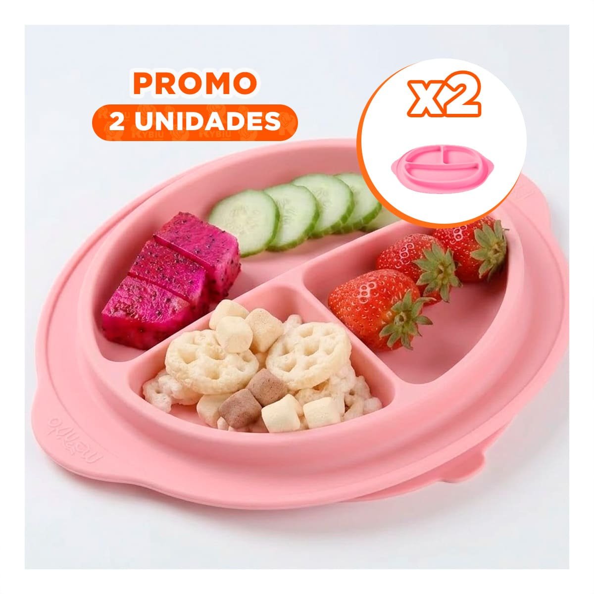PACK2 PLATO DE SILICONA ROSADO CON CARITA FELIZ Y ESPACIOS SEPARADOS Y+REGALO STICKER - 1