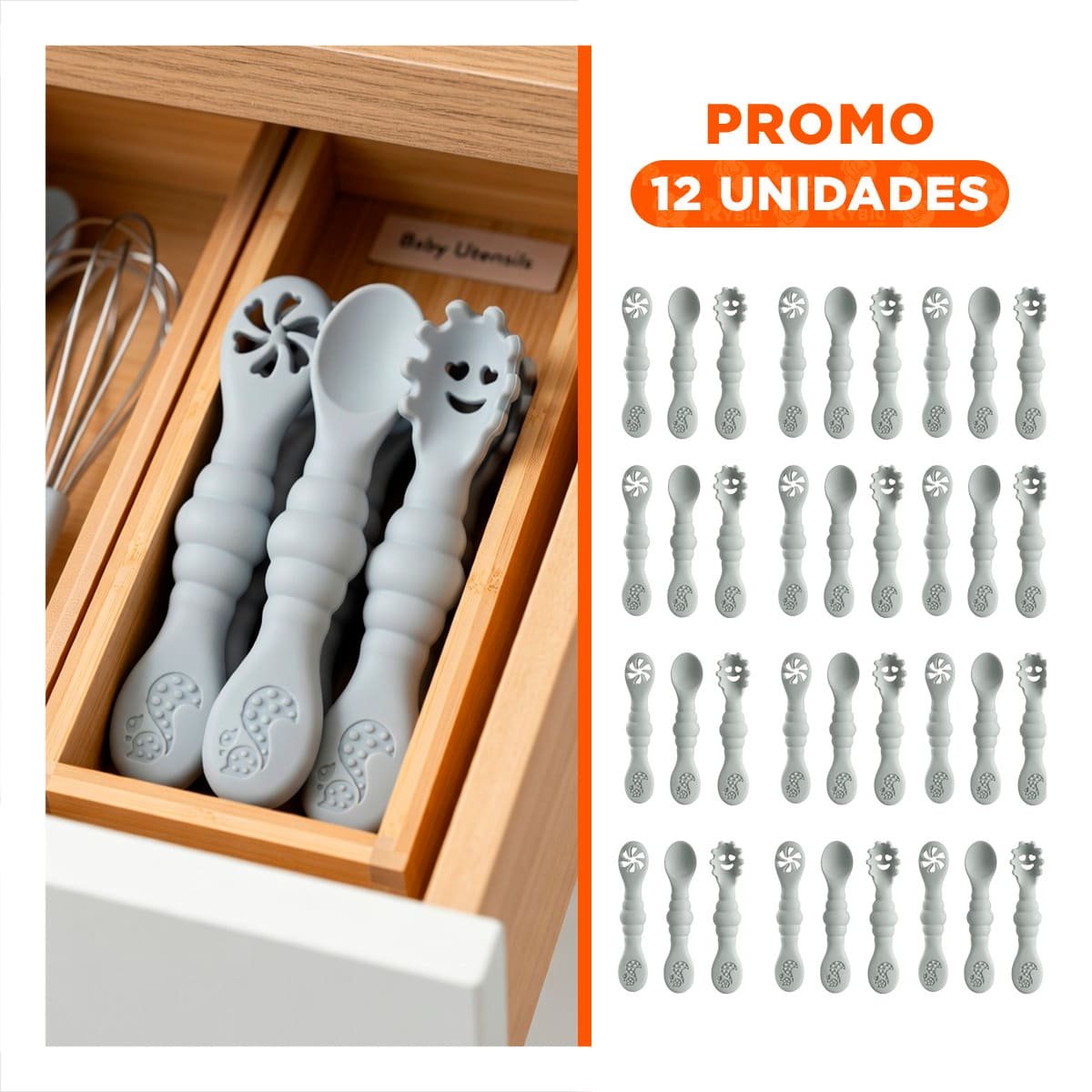 PACK12 PACK 3 PRE CUCHARAS FUNCIONAL PARA ALIMENTACION DIARIA COLOR PLOMO Y+REGALO STICKER - 1