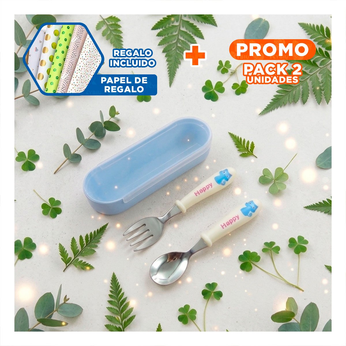 PACK2 PACK DE CUBIERTOS GATO HAPPY BLANCO CON ESTUCHE LIVIANO Y+PAPEL REGALO - 1