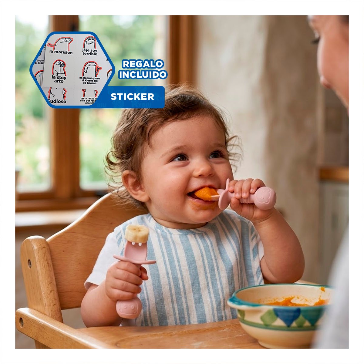 PACK 2 PRE CUCHARA Y TENEDOR OSITO MANGO CORTO PARA NIÑOS PALO ROSA Y+REGALO STICKER - 1