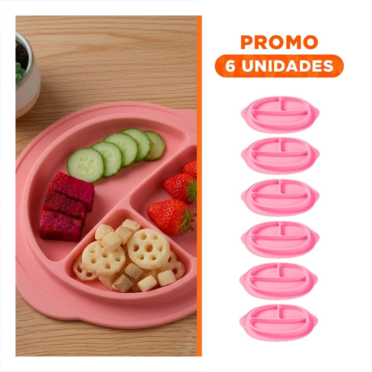 PACK6 PLATO PRACTICO DE SILICONA CARITA FELIZ CON 3 DIVISIONES ROSADO - 1