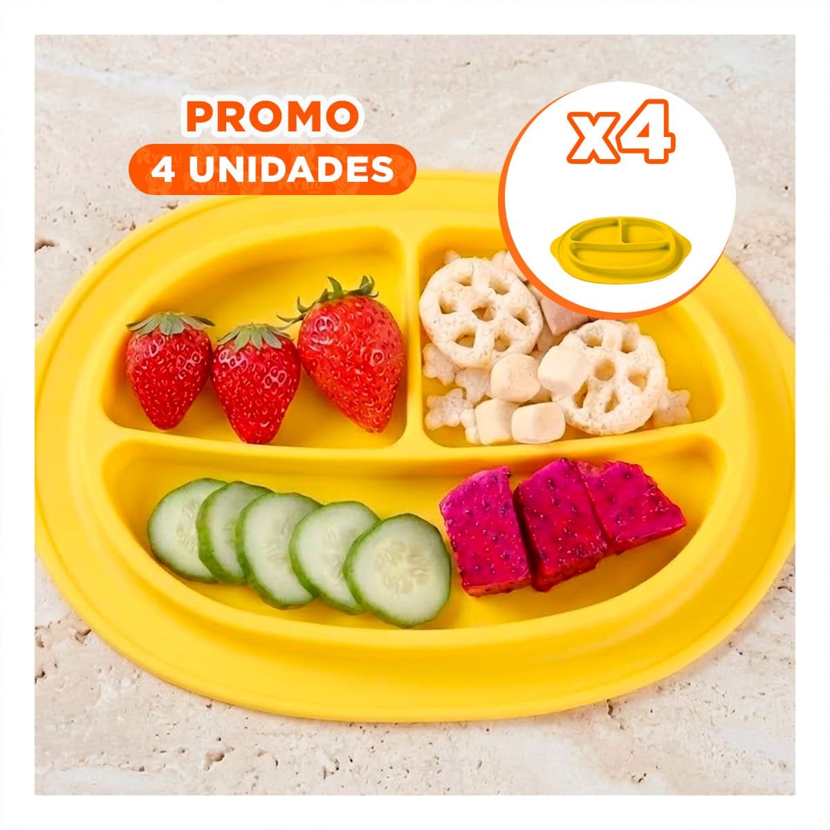 PACK4 BANDEJA INFANTIL DE SILICONA CARITA FELIZ CON DIVISIONES AMARILLO - 1