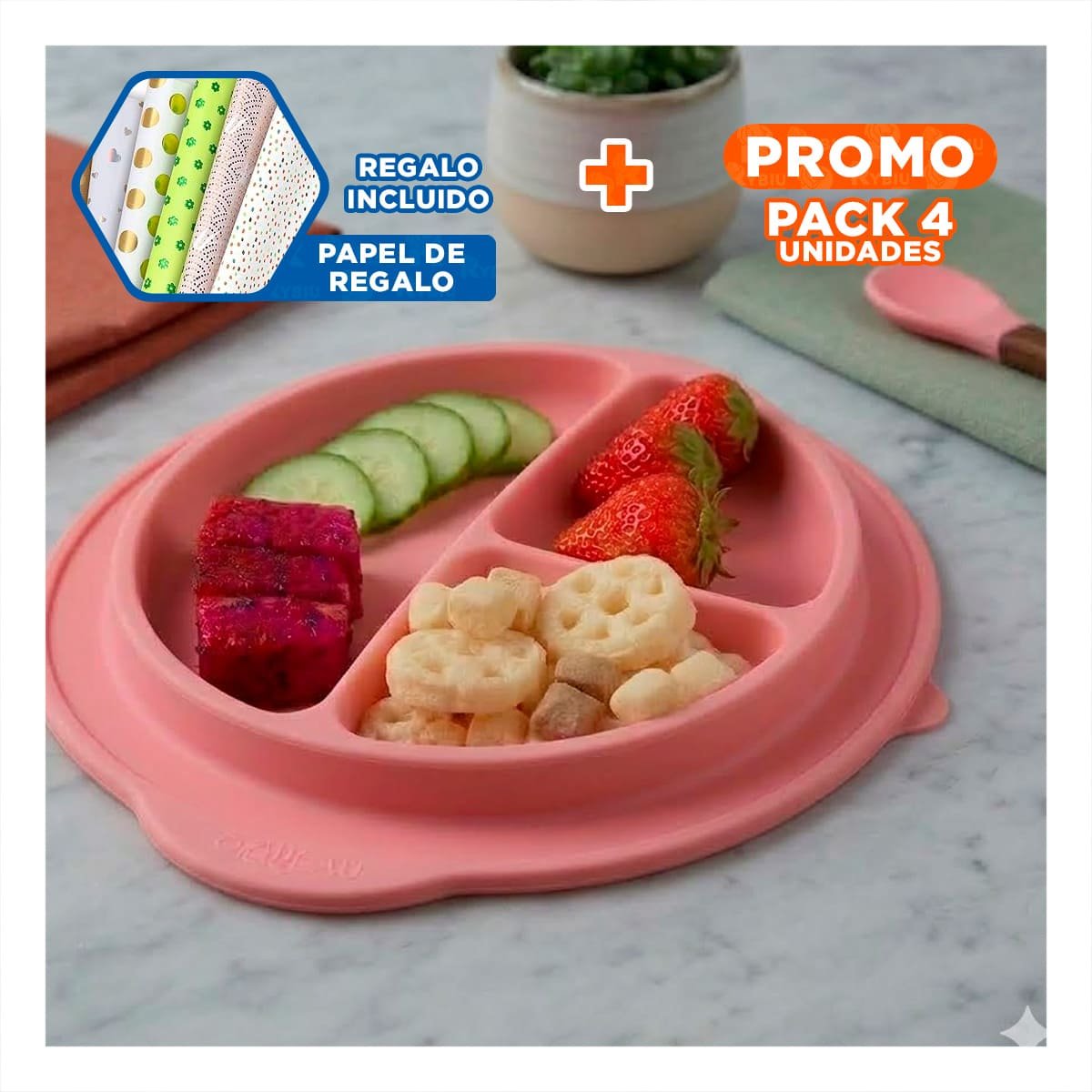 PACK4 RECIPIENTE DE SILICONA CON CARITA FELIZ DIVIDIDO COLOR ROSADO Y+PAPEL REGALO - 1