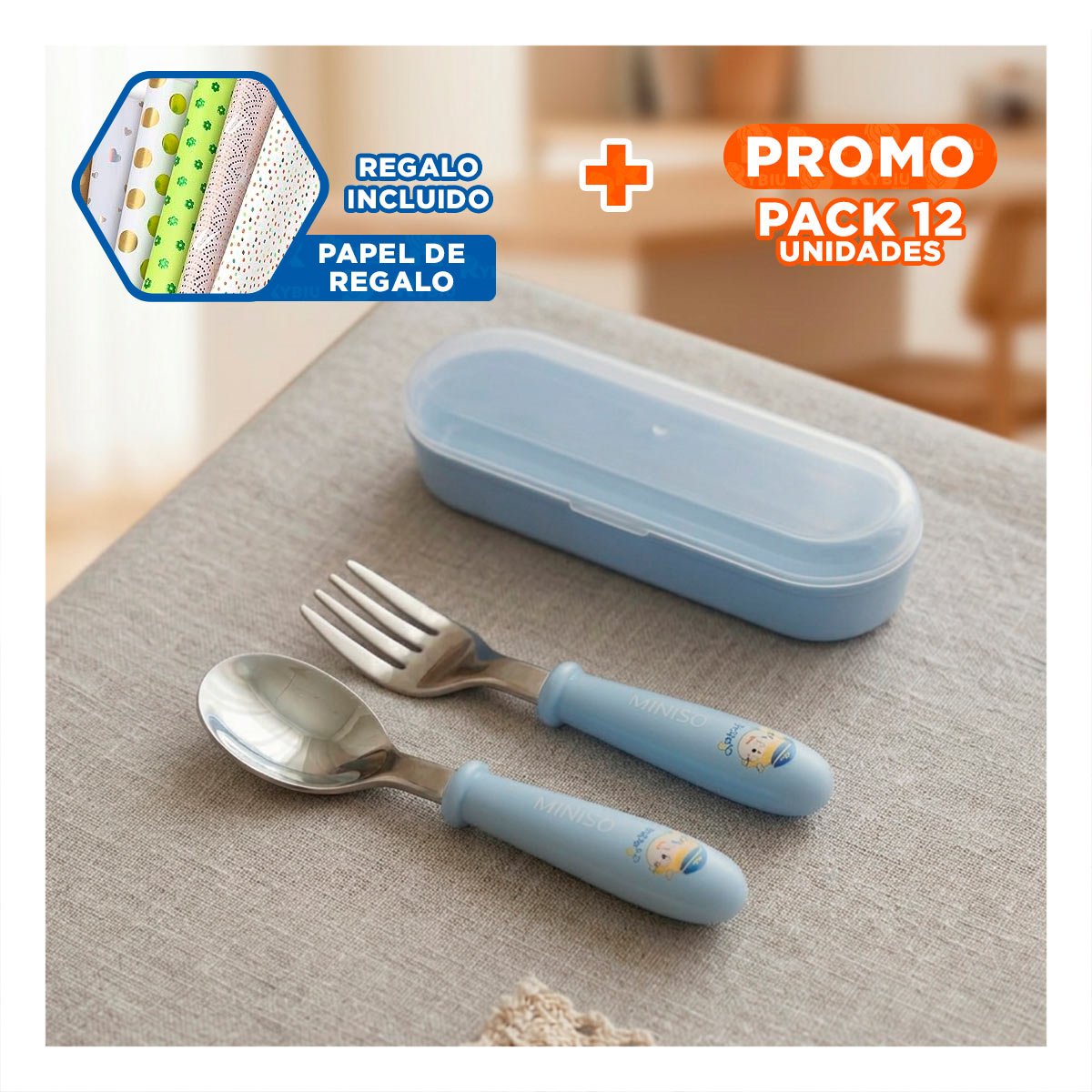 PACK12 KIT ESCOLAR CON ESTUCHE LIVIANO CUCHARA Y TENEDOR CELESTE Y+PAPEL REGALO - 1