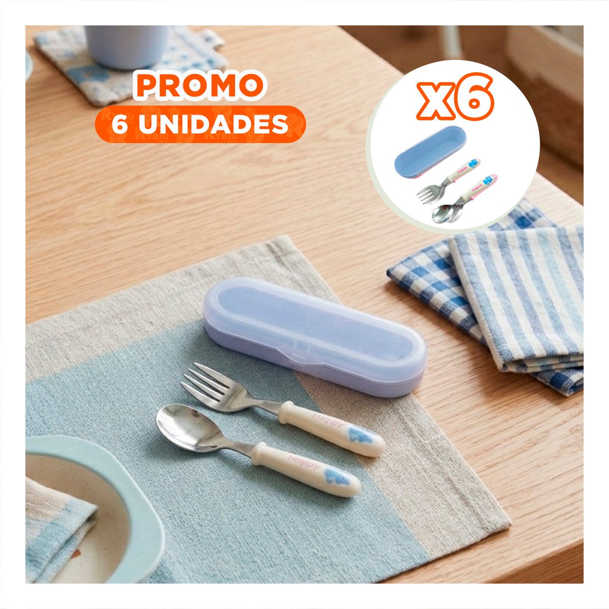 PACK6 PACK INFANTIL GATO CON ESTUCHE PROTECTOR CUCHARA Y TENEDOR COLOR BLANCO Y+REGALO STICKER - 1